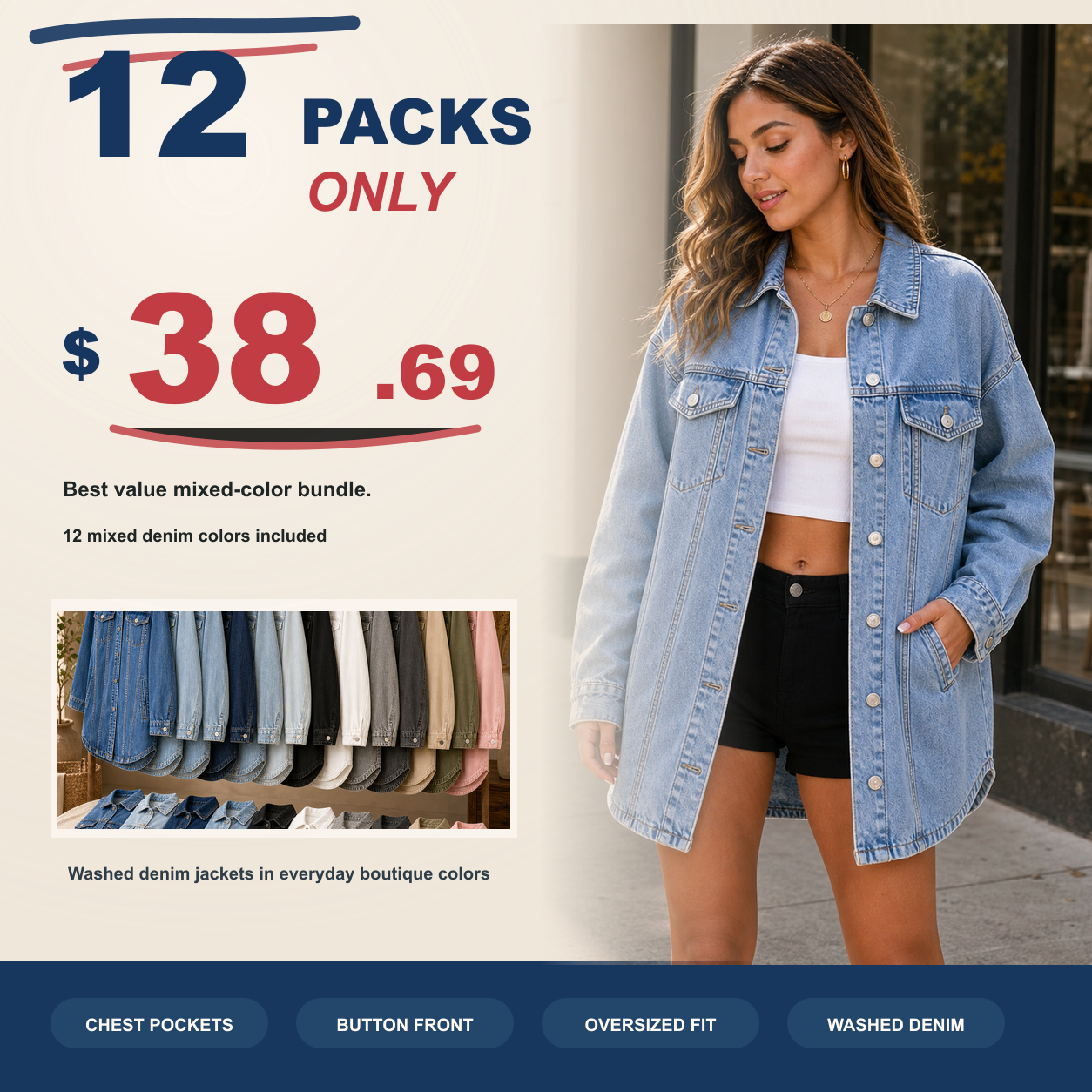 Women's Oversized Washed Denim Jacket 8/10/12 Pack