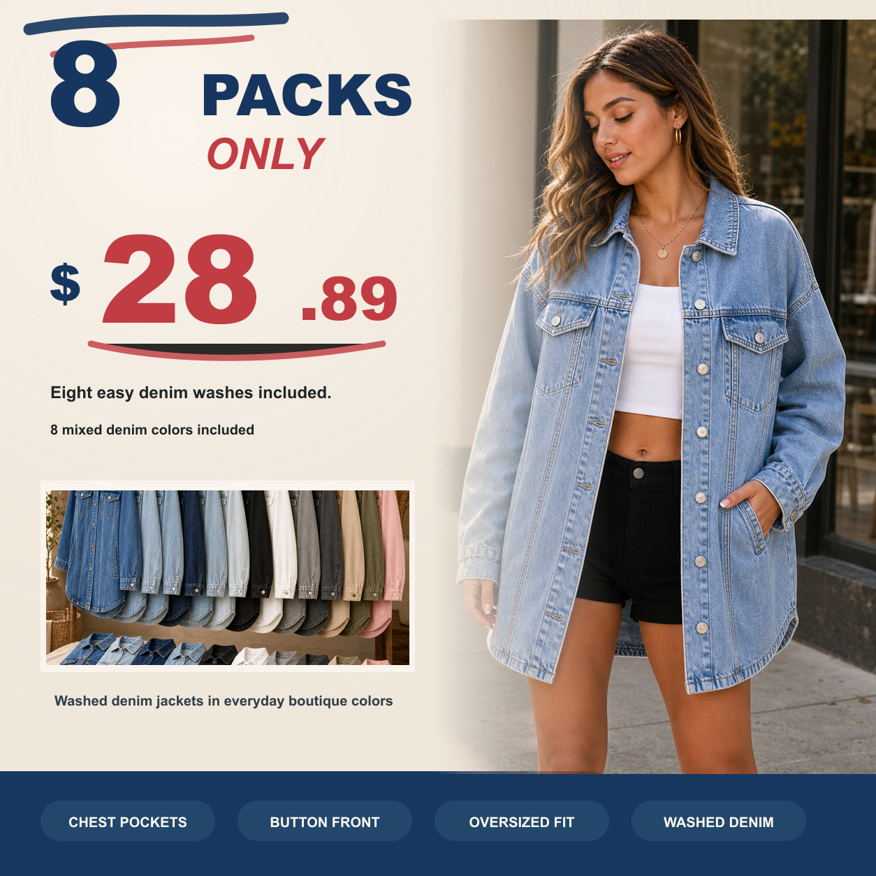 Women's Oversized Washed Denim Jacket 8/10/12 Pack