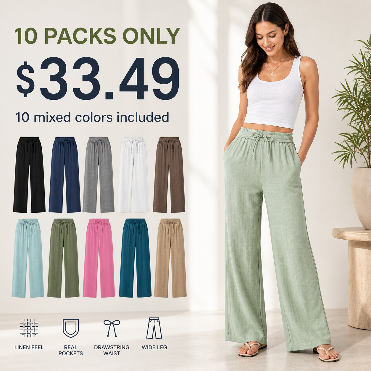 Women's High Waisted Drawstring Pocket Wide Leg Pants 8/10/12 Pack