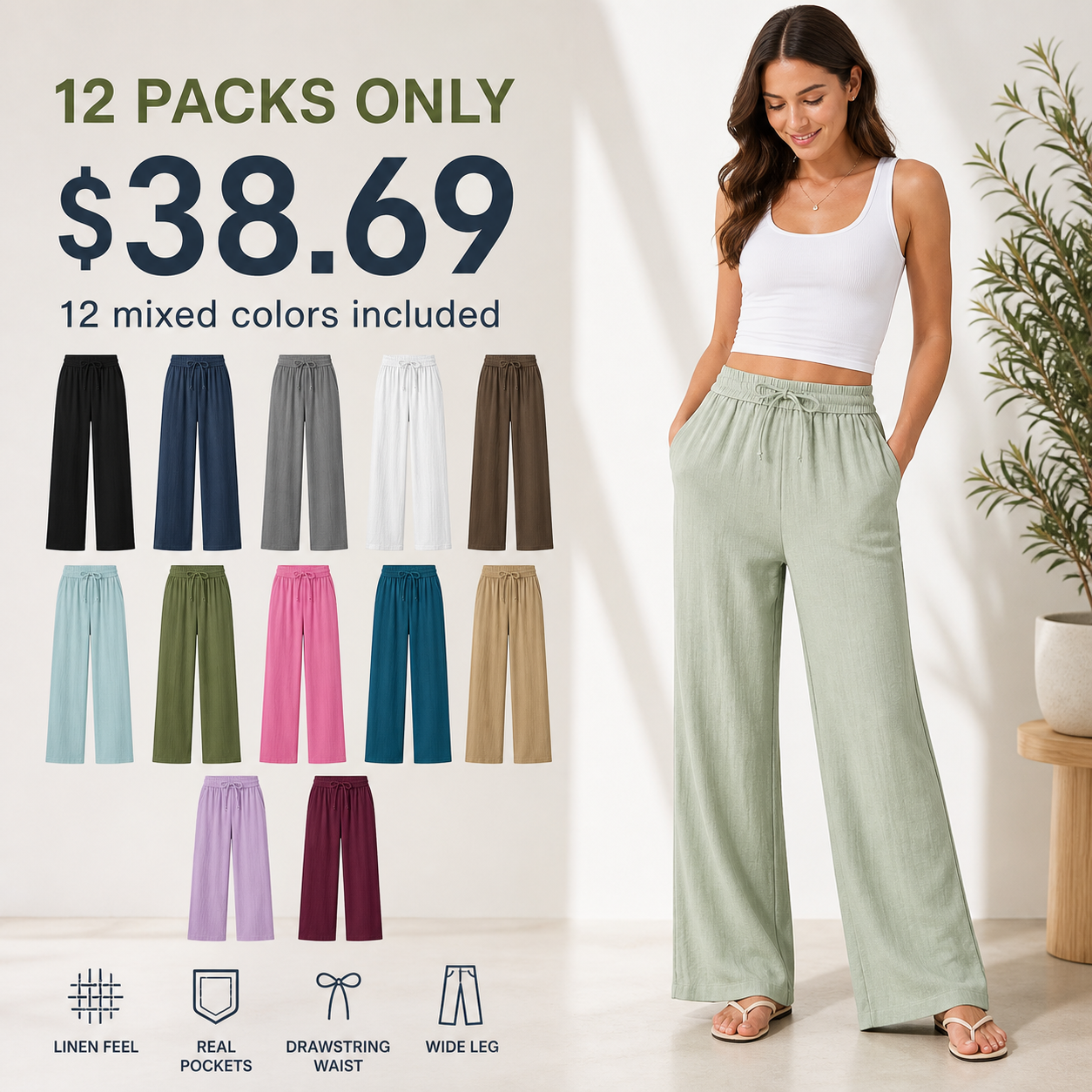 Women's High Waisted Drawstring Pocket Wide Leg Pants 8/10/12 Pack