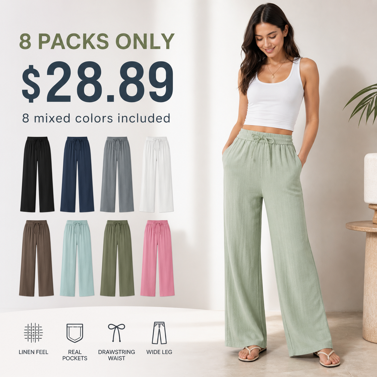 Women's High Waisted Drawstring Pocket Wide Leg Pants 8/10/12 Pack