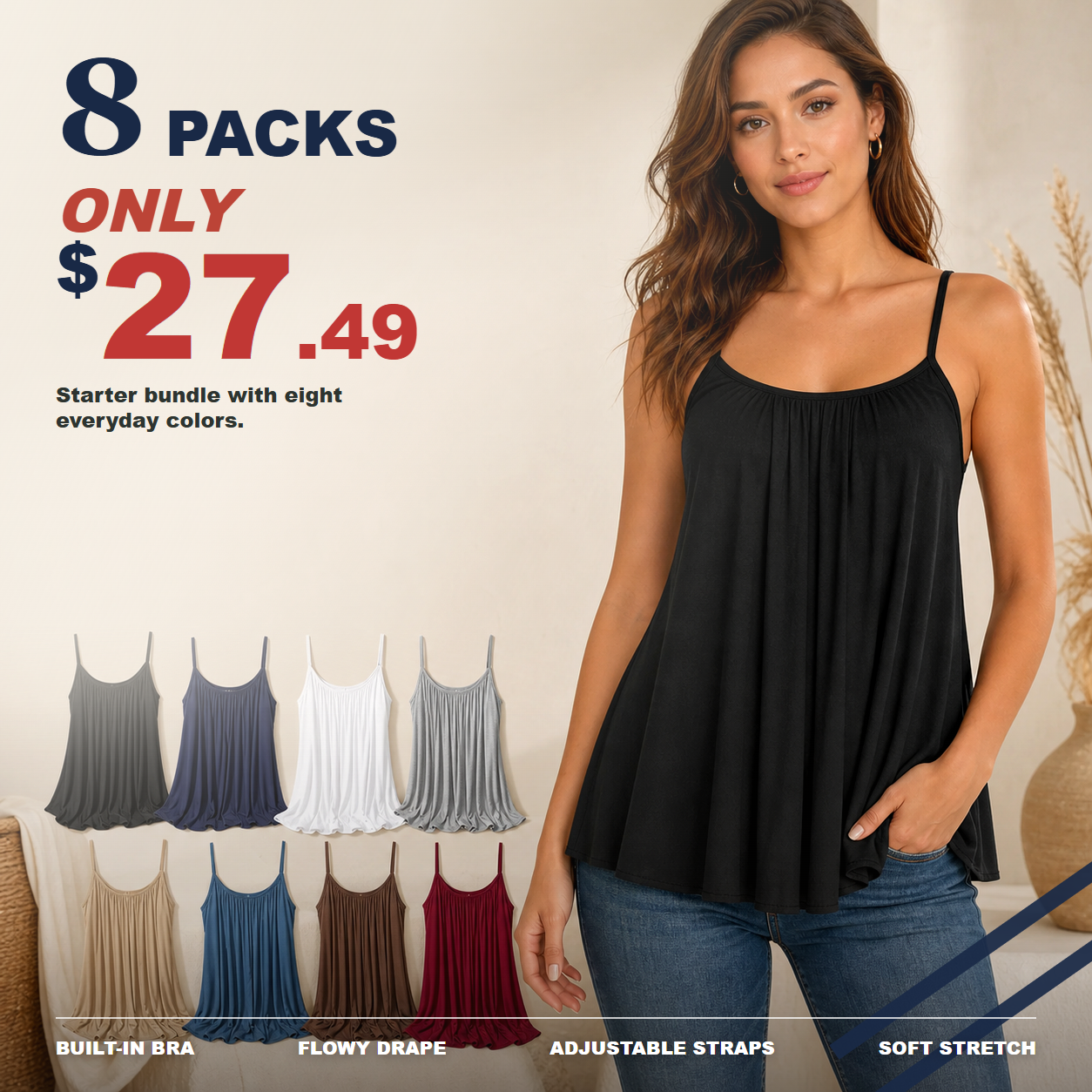 Plus Size Camisoles Women with Built In Bra Tank Top 8/10/12 Pack