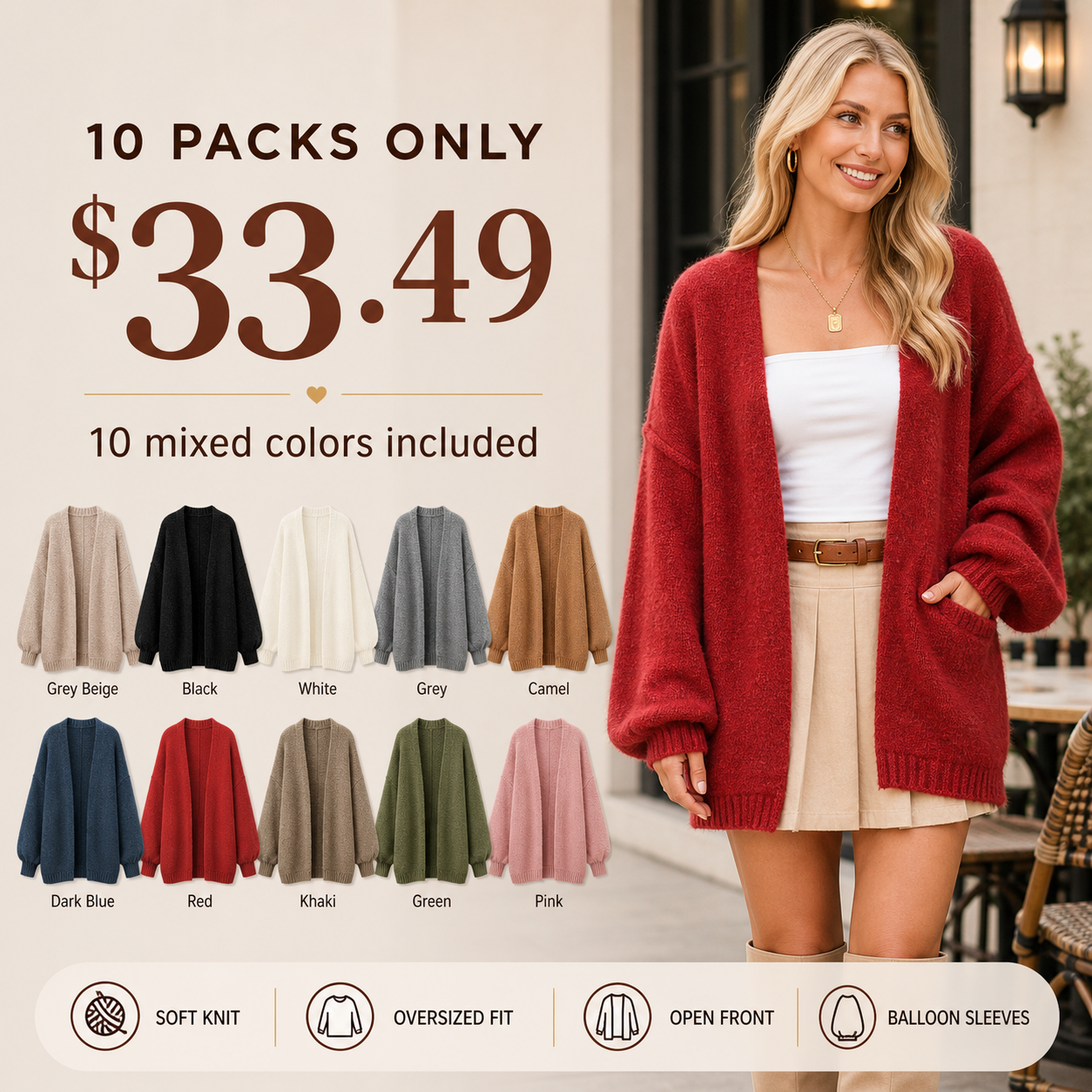 Women's Oversized Open Front Cardigan Sweater 8/10/12 Pack