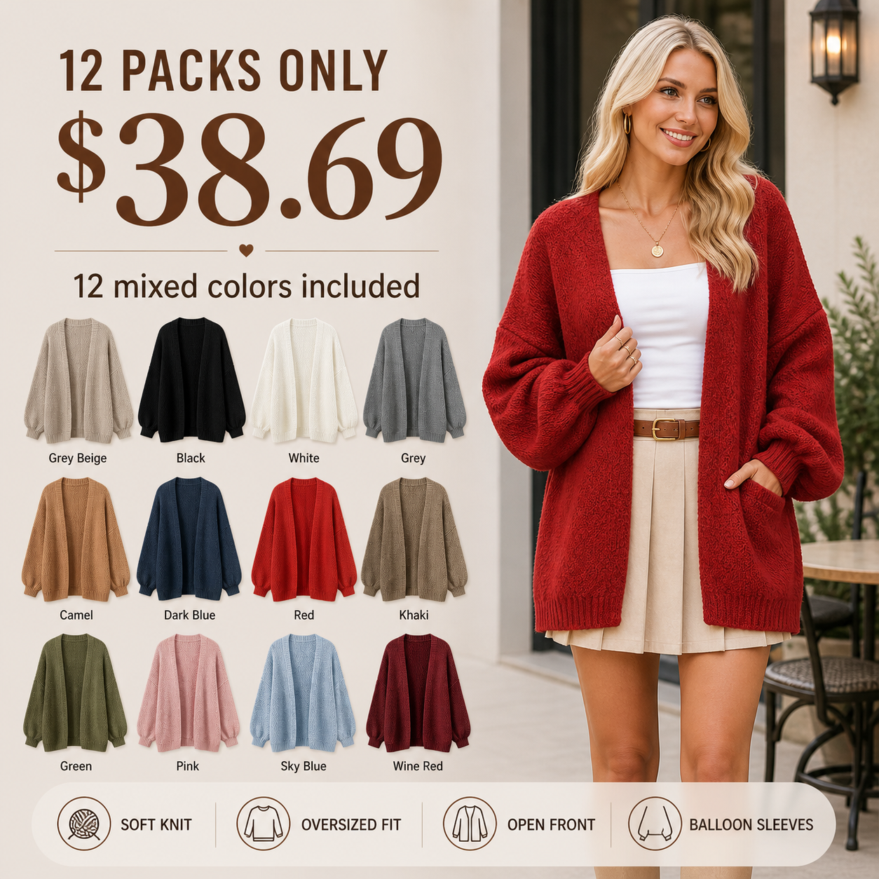 Women's Oversized Open Front Cardigan Sweater 8/10/12 Pack