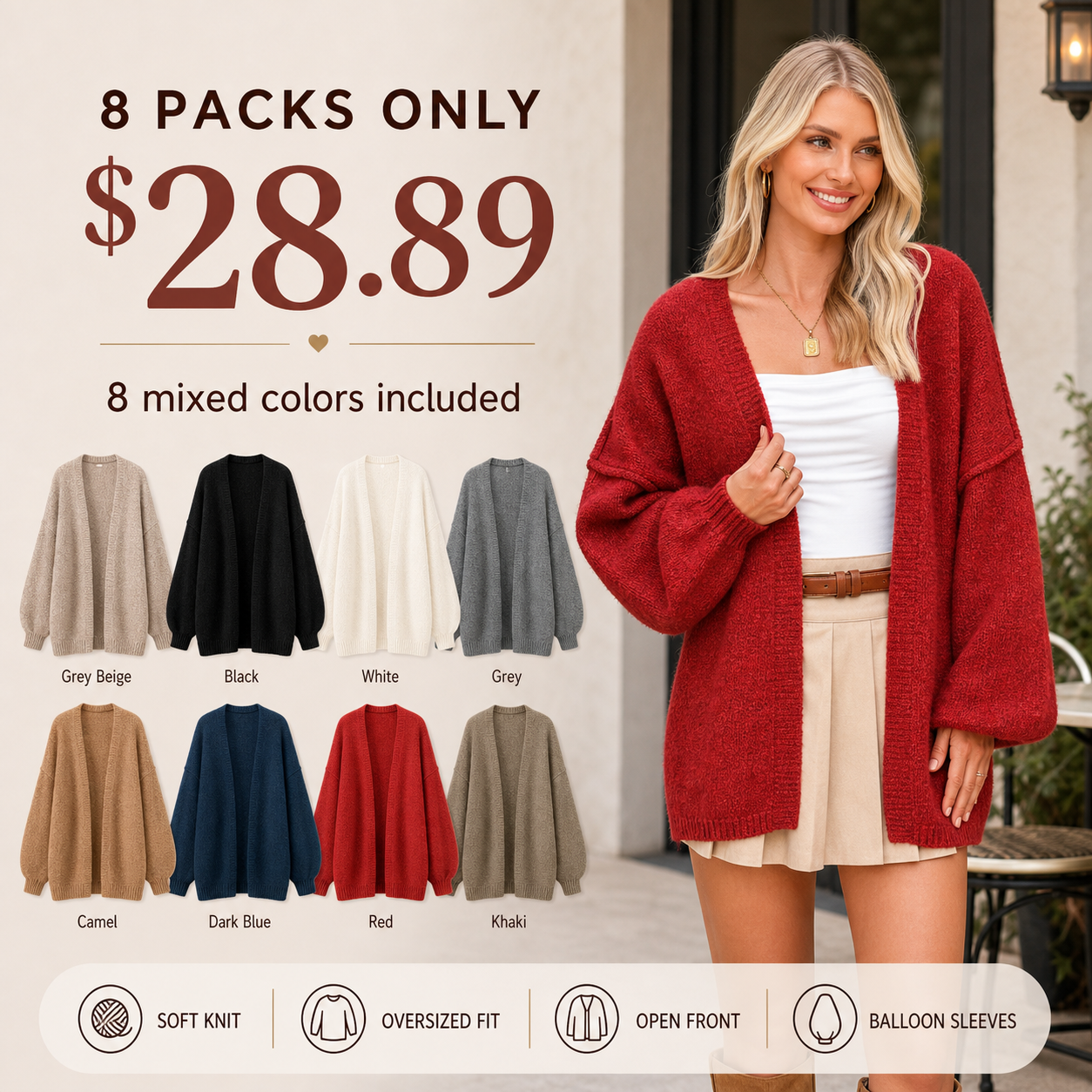 Women's Oversized Open Front Cardigan Sweater 8/10/12 Pack