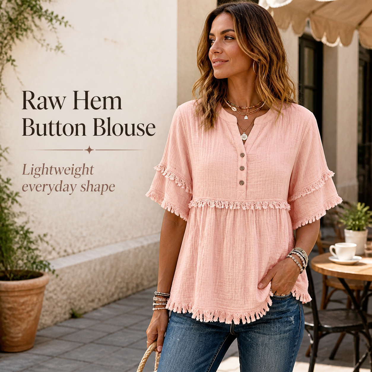 Raw Hem Button Blouse