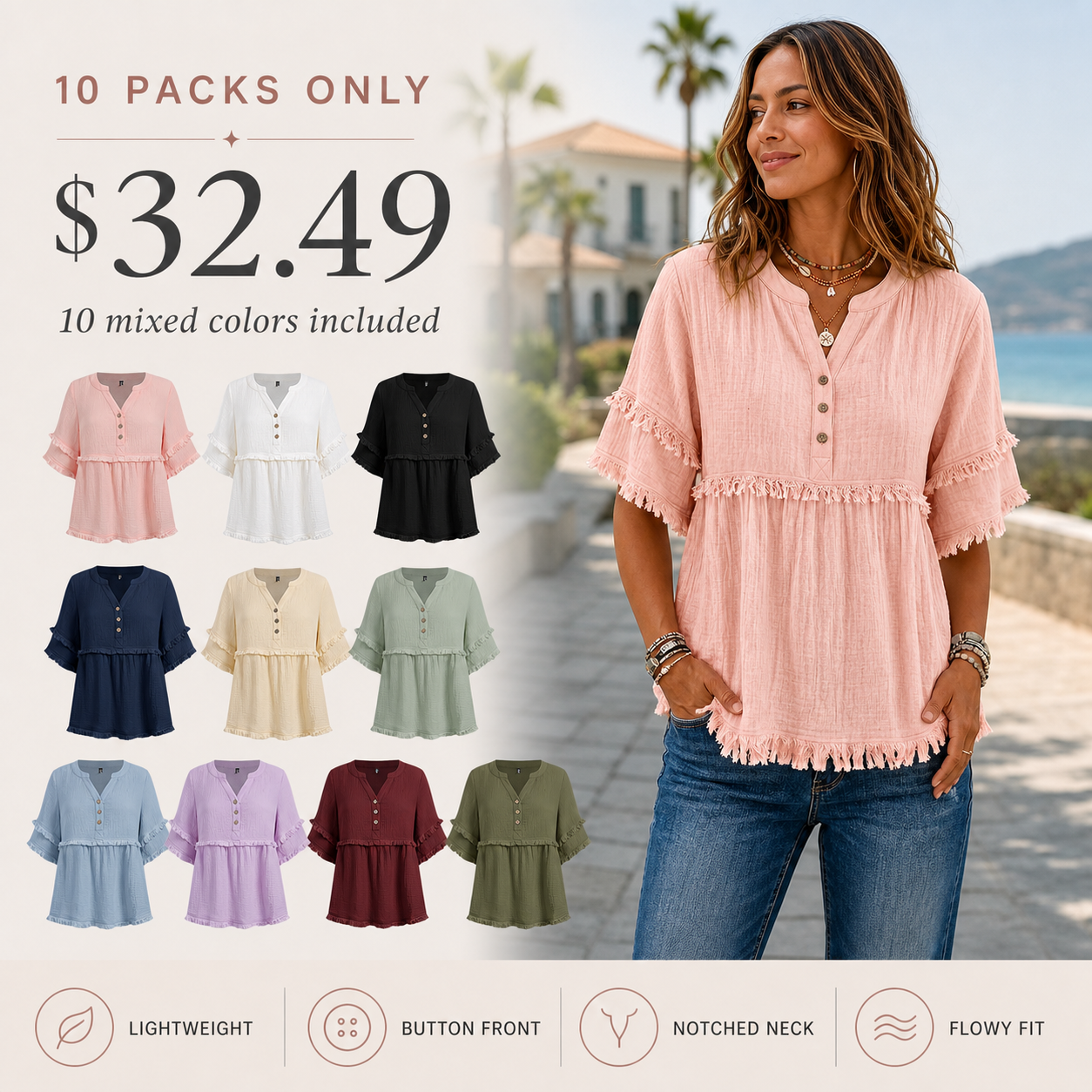 Women's Solid Raw Hem Button Front Notched Neck Blouse 8/10/12 Pack