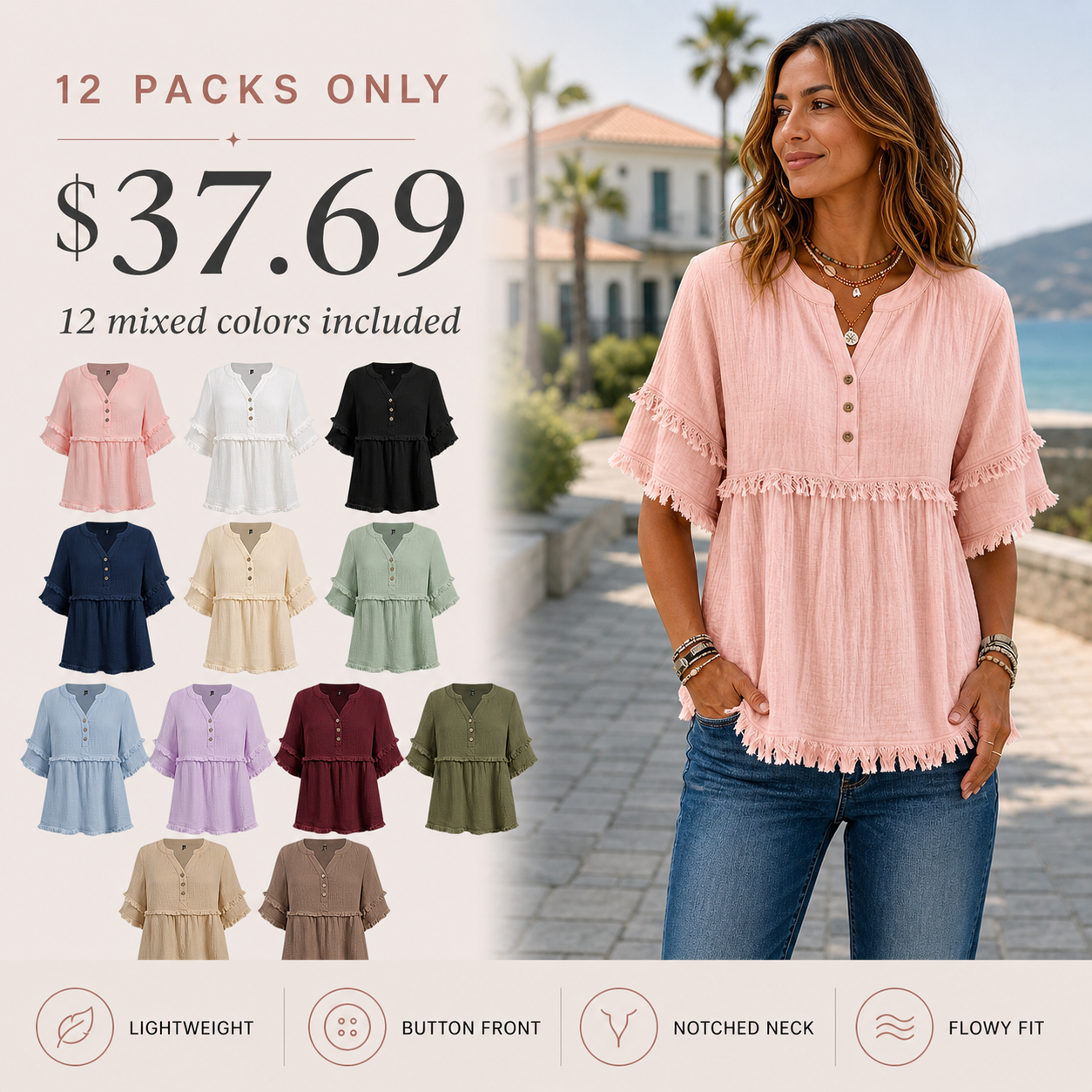 Women's Solid Raw Hem Button Front Notched Neck Blouse 8/10/12 Pack