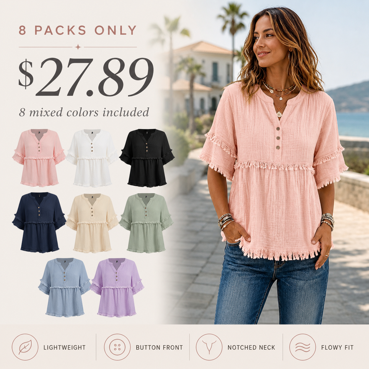 Women's Solid Raw Hem Button Front Notched Neck Blouse 8/10/12 Pack