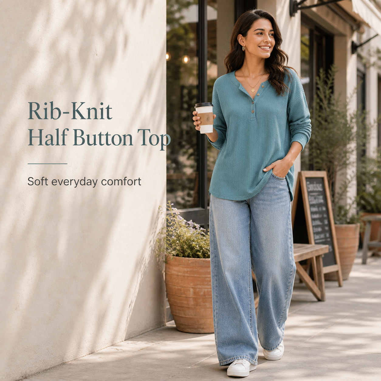 Rib-Knit Half Button Top