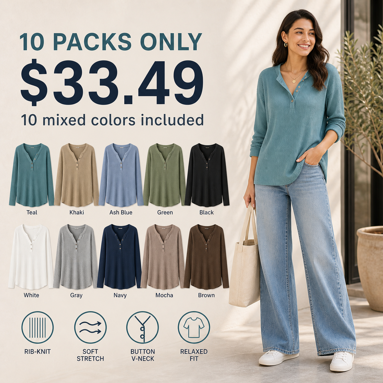 Women's Rib-Knit Half Button Long Sleeve T-Shirt 8/10/12 Pack