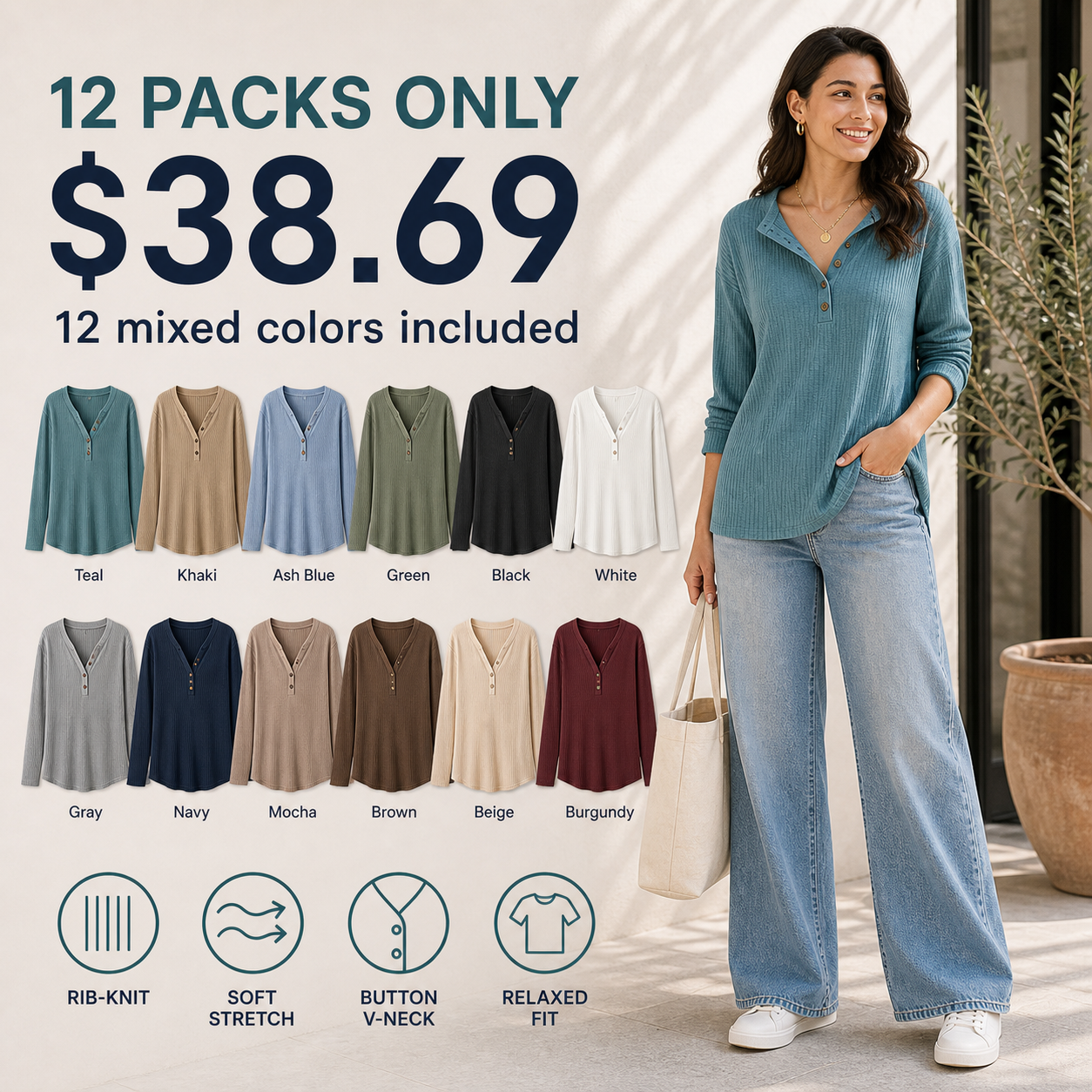 Women's Rib-Knit Half Button Long Sleeve T-Shirt 8/10/12 Pack