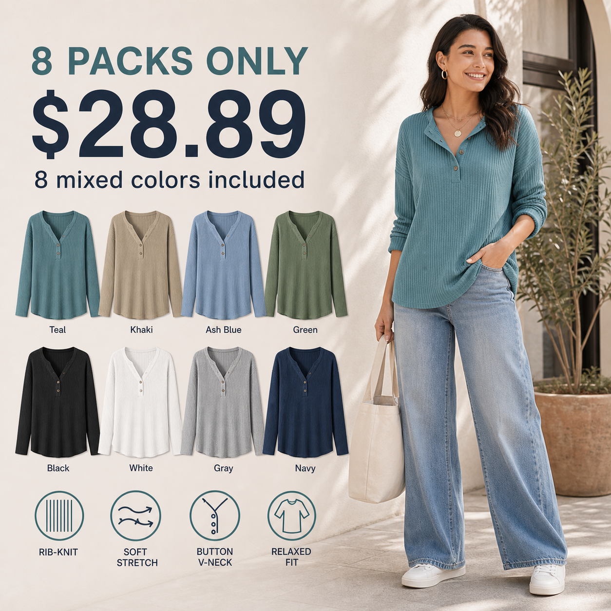 Women's Rib-Knit Half Button Long Sleeve T-Shirt 8/10/12 Pack
