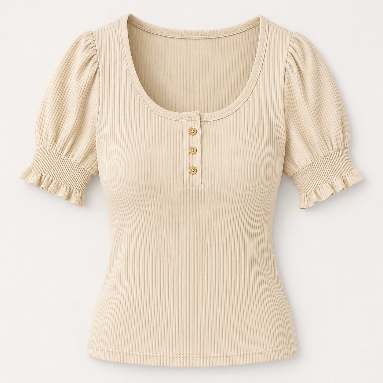 Women's Solid Ribbed Button Up Scoop Neck Puff Sleeve T-Shirt 8/10/12 Pack