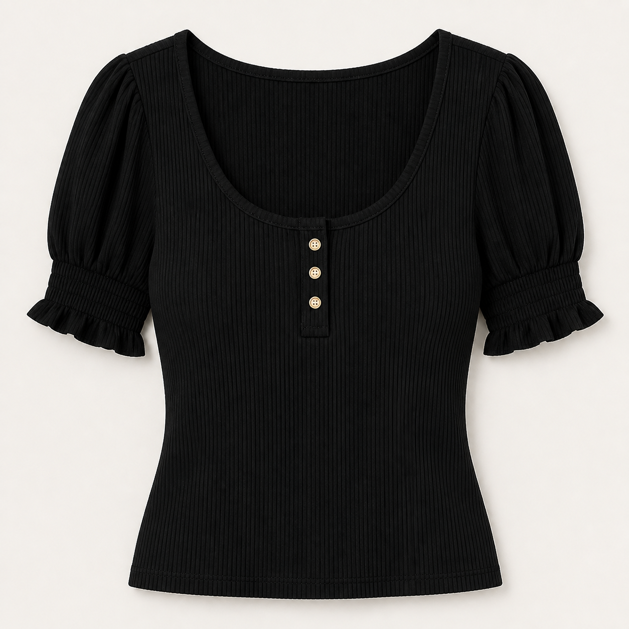 Women's Solid Ribbed Button Up Scoop Neck Puff Sleeve T-Shirt 8/10/12 Pack