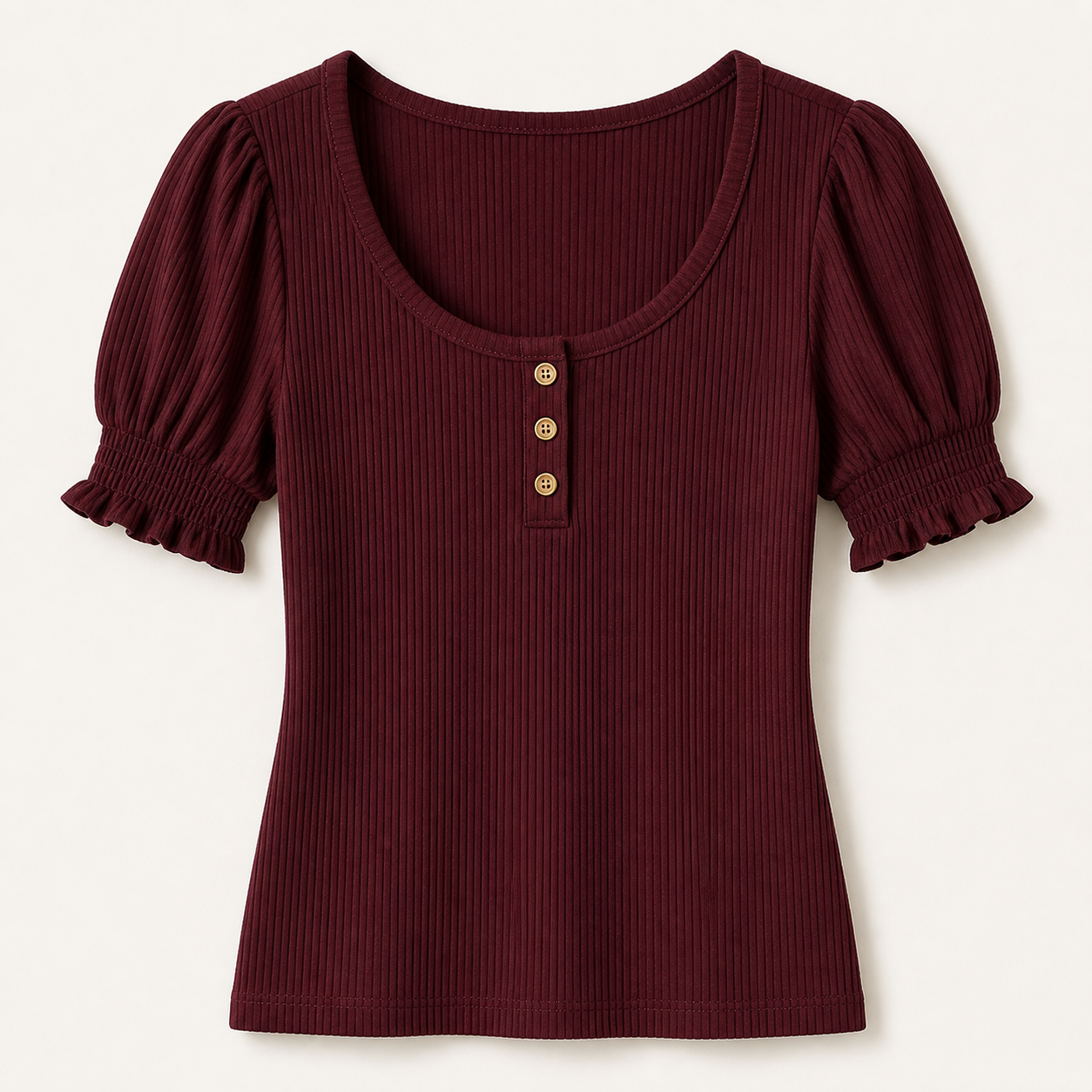 Women's Solid Ribbed Button Up Scoop Neck Puff Sleeve T-Shirt 8/10/12 Pack