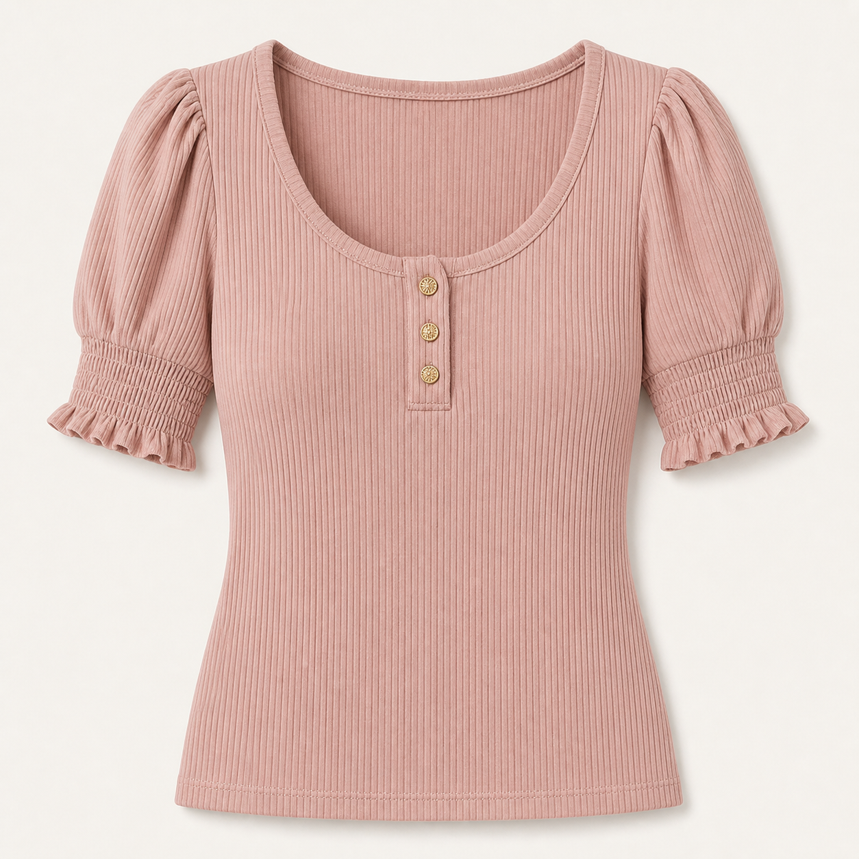 Women's Solid Ribbed Button Up Scoop Neck Puff Sleeve T-Shirt 8/10/12 Pack