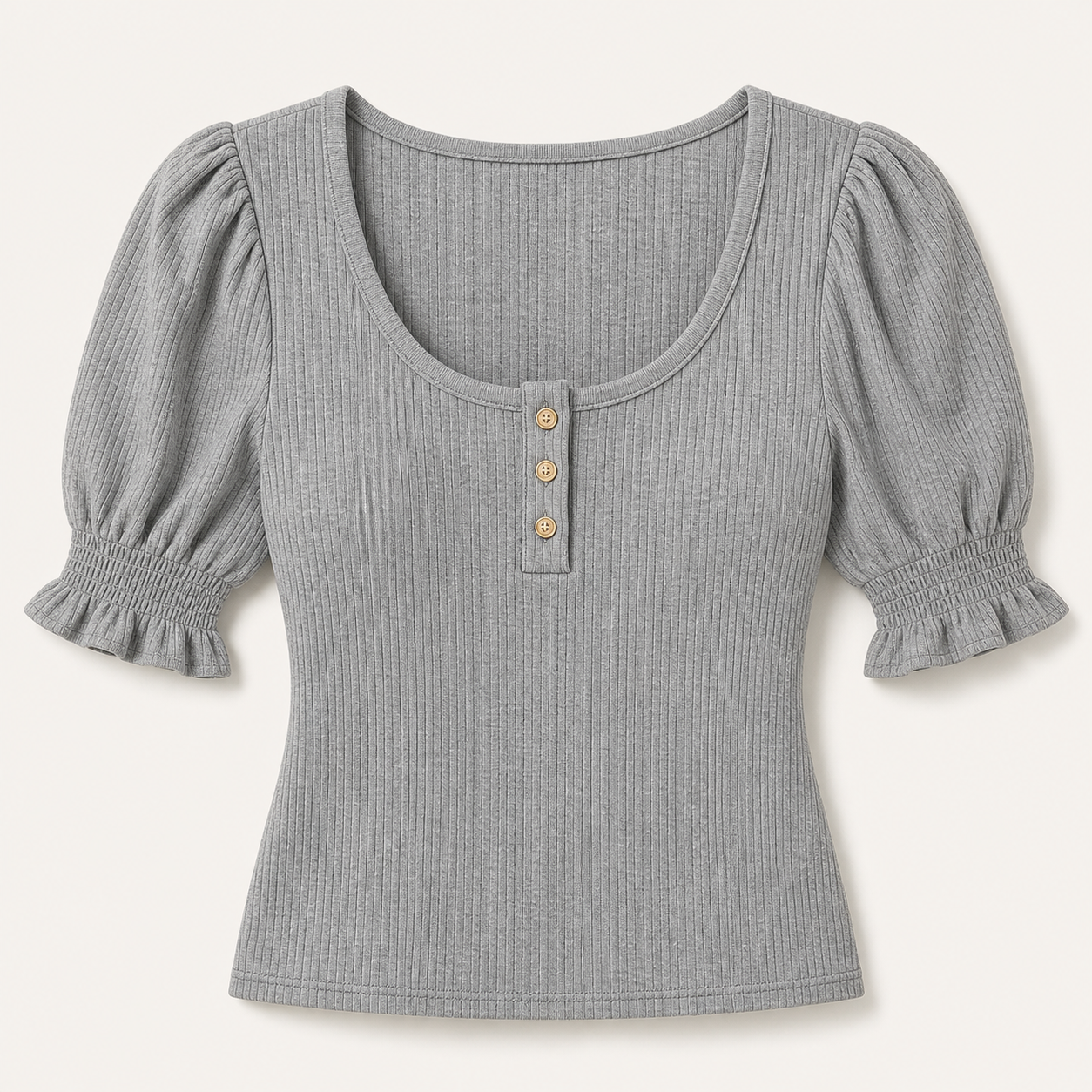 Women's Solid Ribbed Button Up Scoop Neck Puff Sleeve T-Shirt 8/10/12 Pack