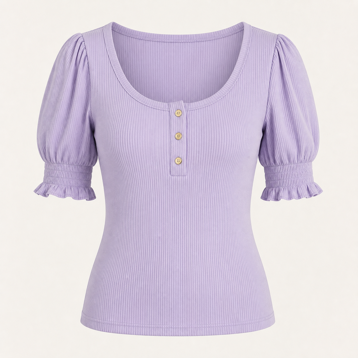 Women's Solid Ribbed Button Up Scoop Neck Puff Sleeve T-Shirt 8/10/12 Pack
