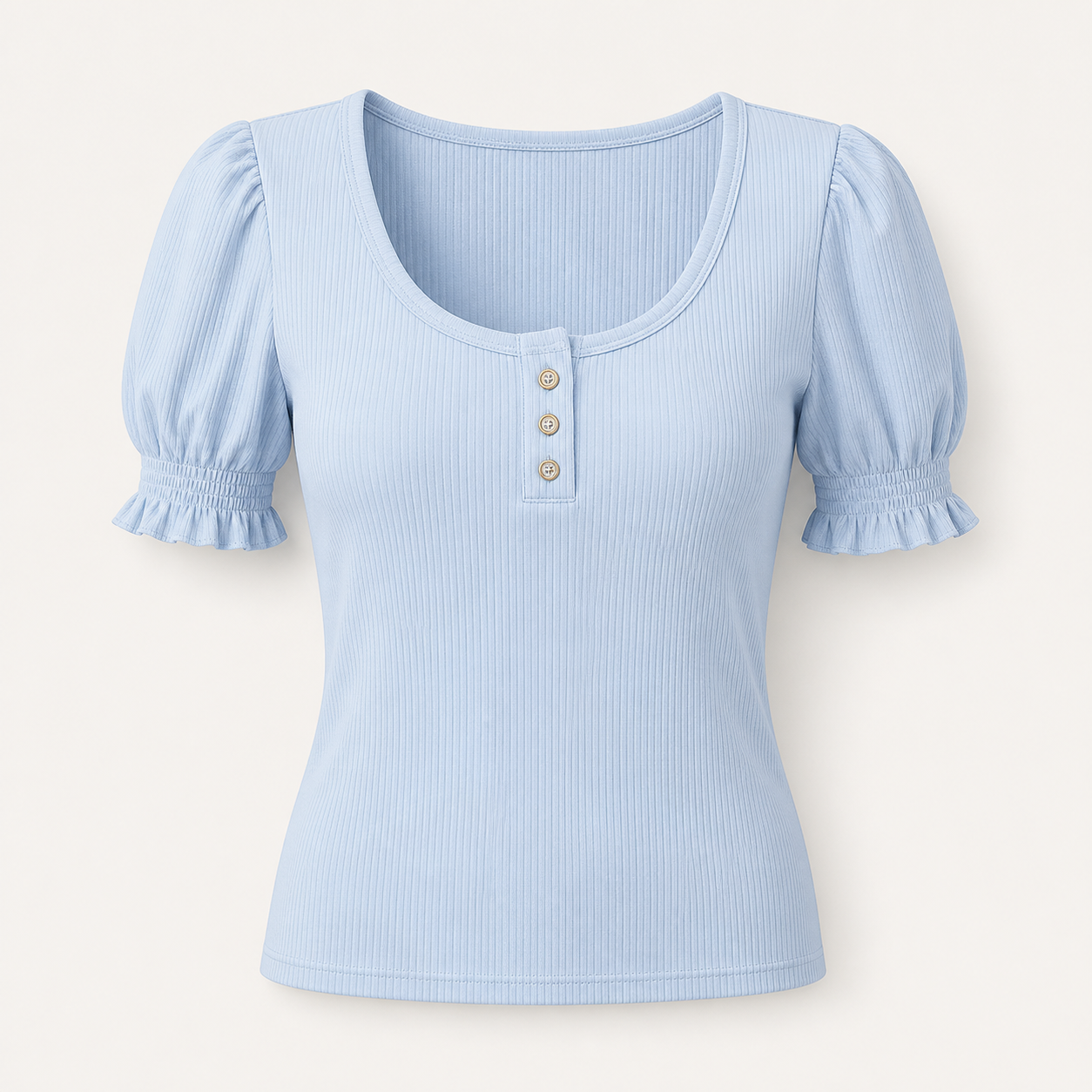 Women's Solid Ribbed Button Up Scoop Neck Puff Sleeve T-Shirt 8/10/12 Pack