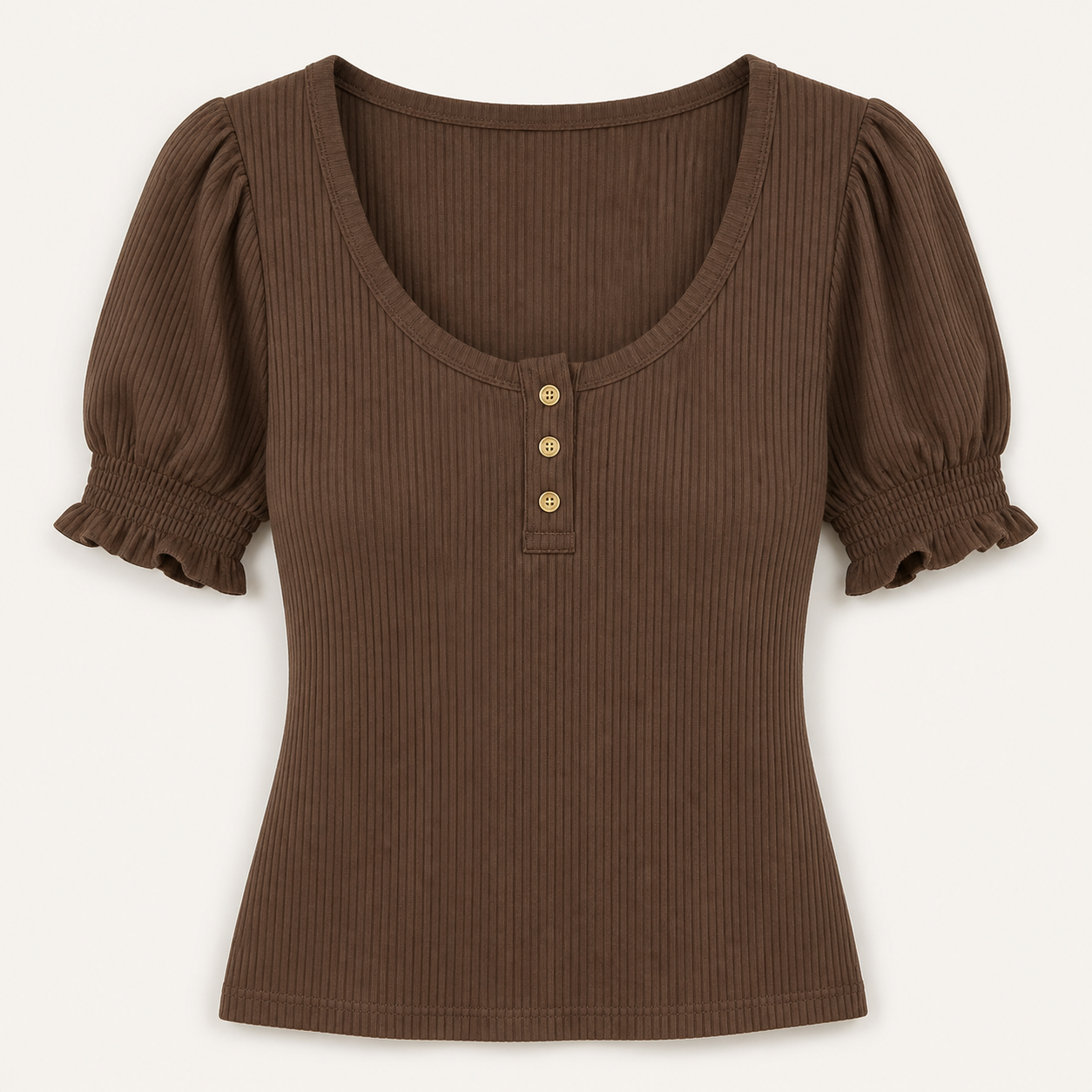 Women's Solid Ribbed Button Up Scoop Neck Puff Sleeve T-Shirt 8/10/12 Pack