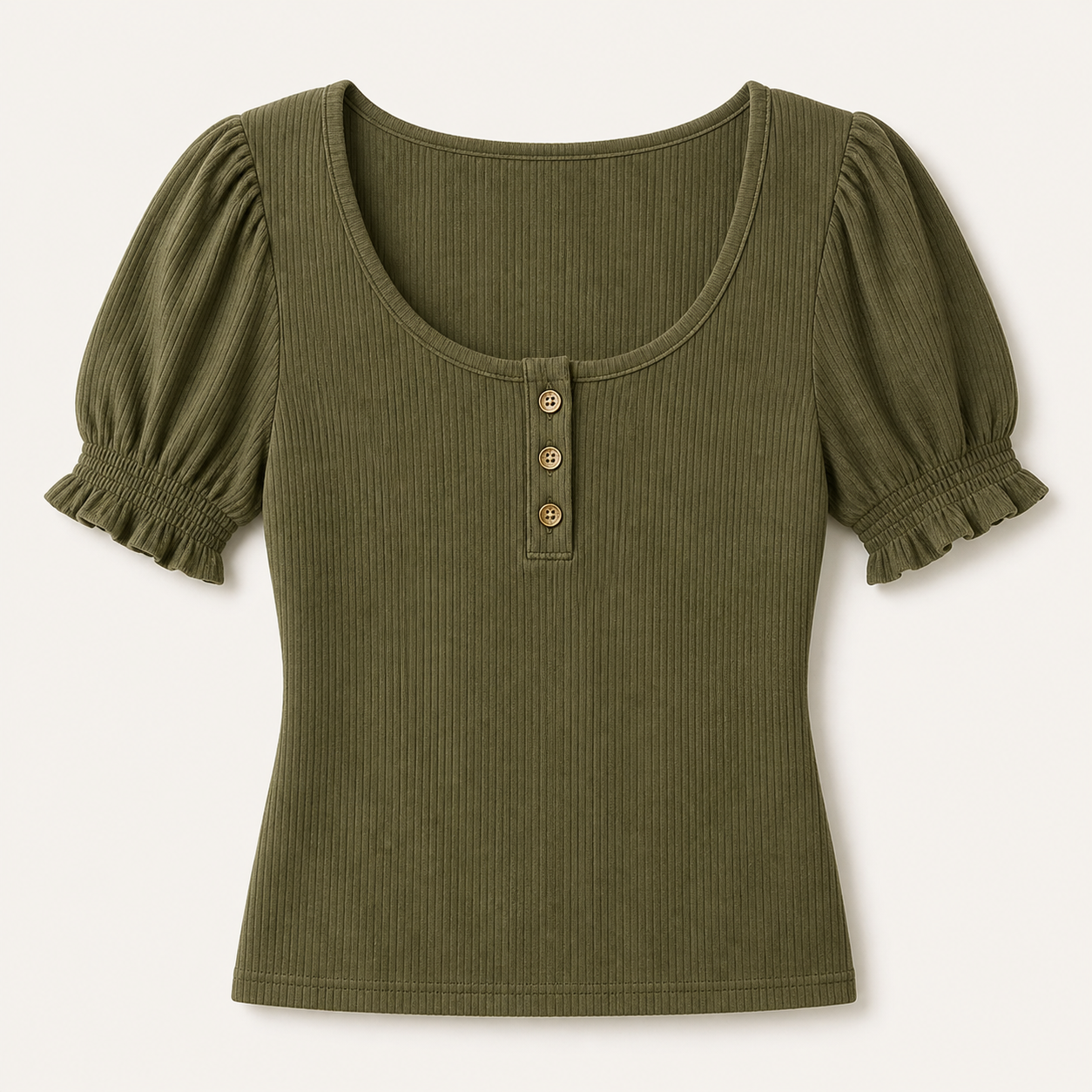 Women's Solid Ribbed Button Up Scoop Neck Puff Sleeve T-Shirt 8/10/12 Pack