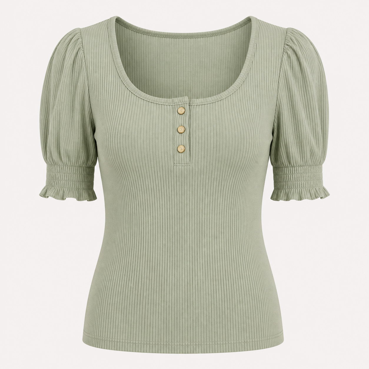 Women's Solid Ribbed Button Up Scoop Neck Puff Sleeve T-Shirt 8/10/12 Pack