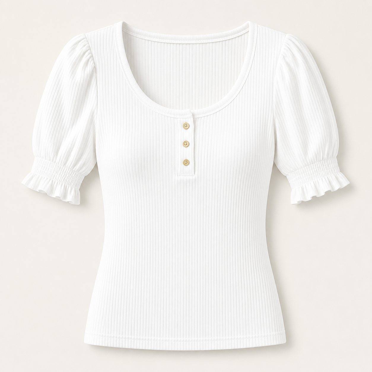Women's Solid Ribbed Button Up Scoop Neck Puff Sleeve T-Shirt 8/10/12 Pack