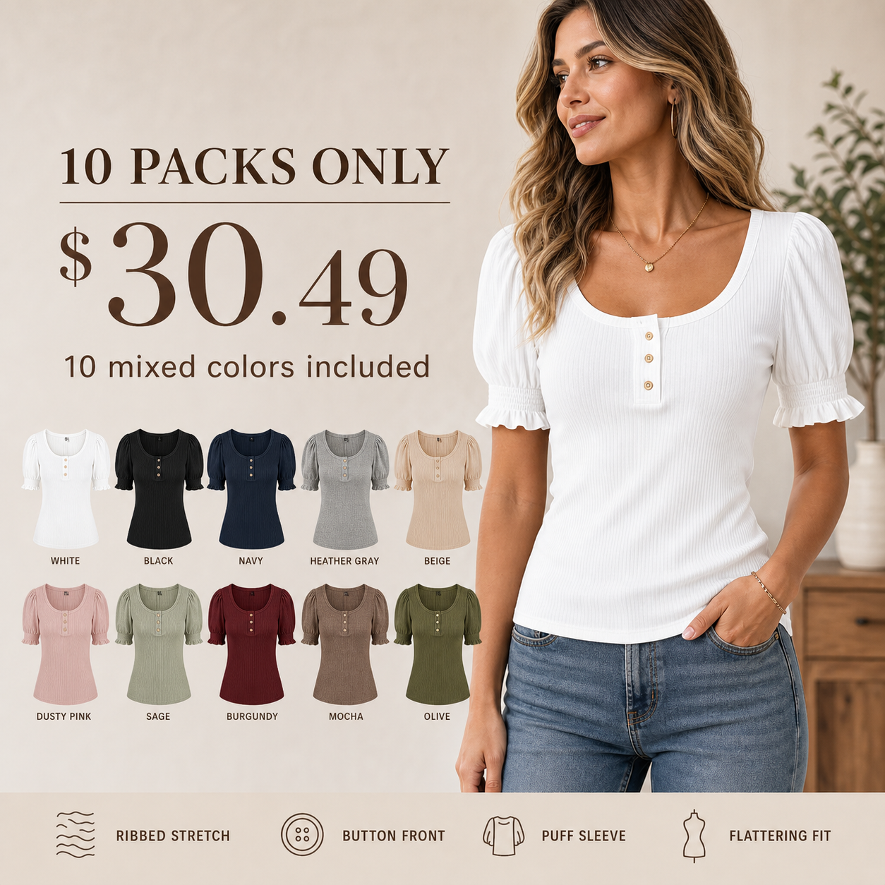 Women's Solid Ribbed Button Up Scoop Neck Puff Sleeve T-Shirt 8/10/12 Pack