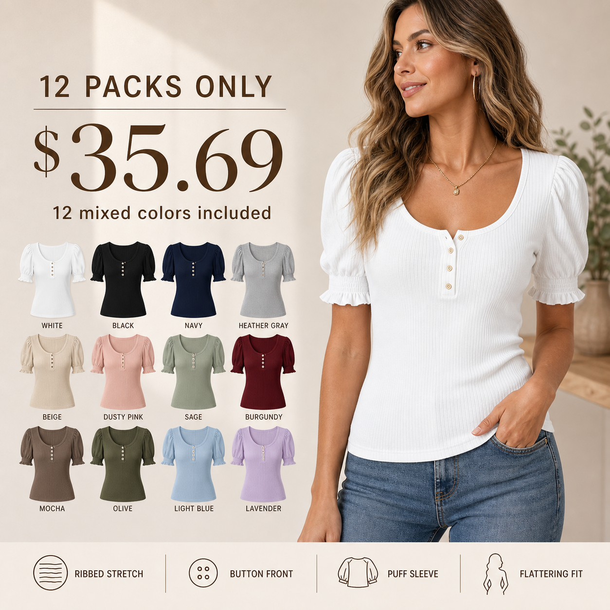 Women's Solid Ribbed Button Up Scoop Neck Puff Sleeve T-Shirt 8/10/12 Pack