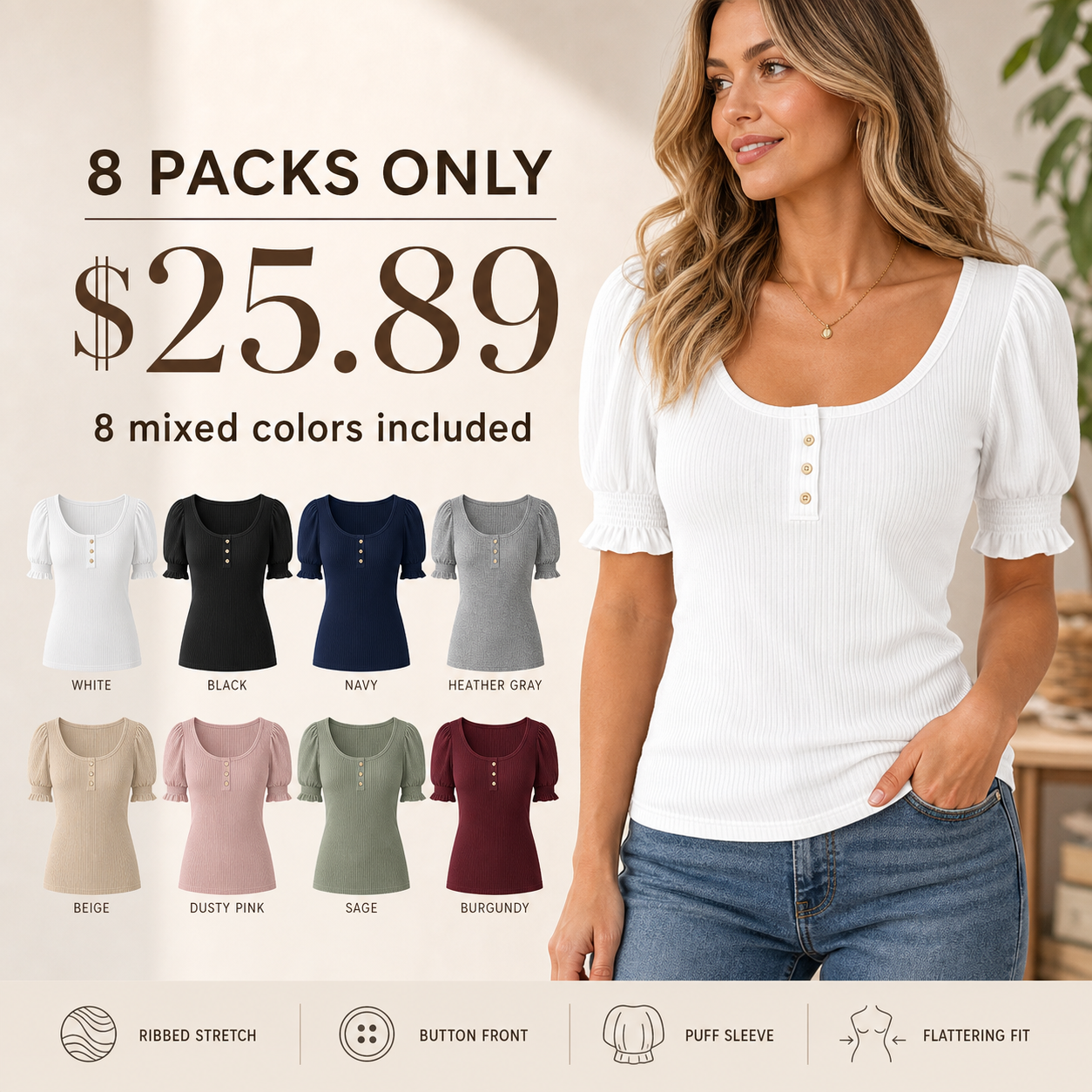 Women's Solid Ribbed Button Up Scoop Neck Puff Sleeve T-Shirt 8/10/12 Pack