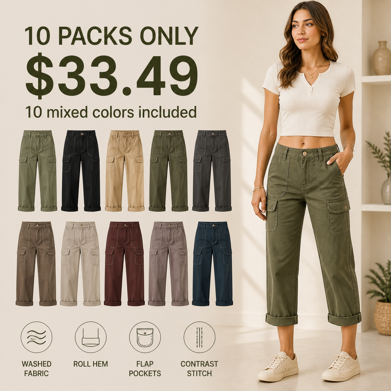 Women's Roll Hem Flap Pocket Mid Waist Straight Leg Crop Pants 8/10/12 Pack