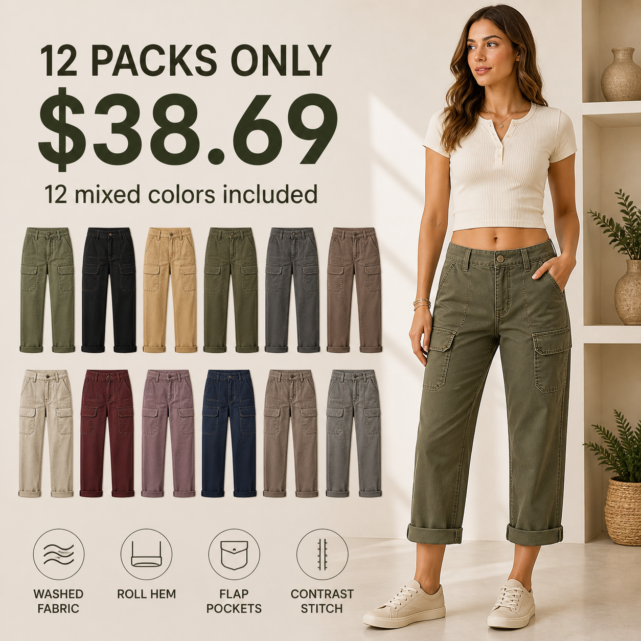 Women's Roll Hem Flap Pocket Mid Waist Straight Leg Crop Pants 8/10/12 Pack