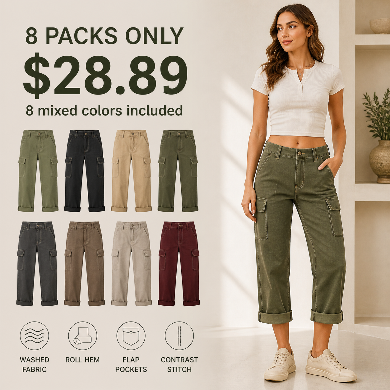 Women's Roll Hem Flap Pocket Mid Waist Straight Leg Crop Pants 8/10/12 Pack
