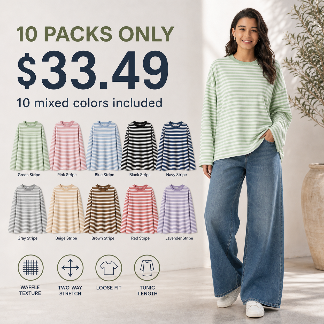 Women's Round Neck Stripe Waffle Casual Top 8/10/12 Pack
