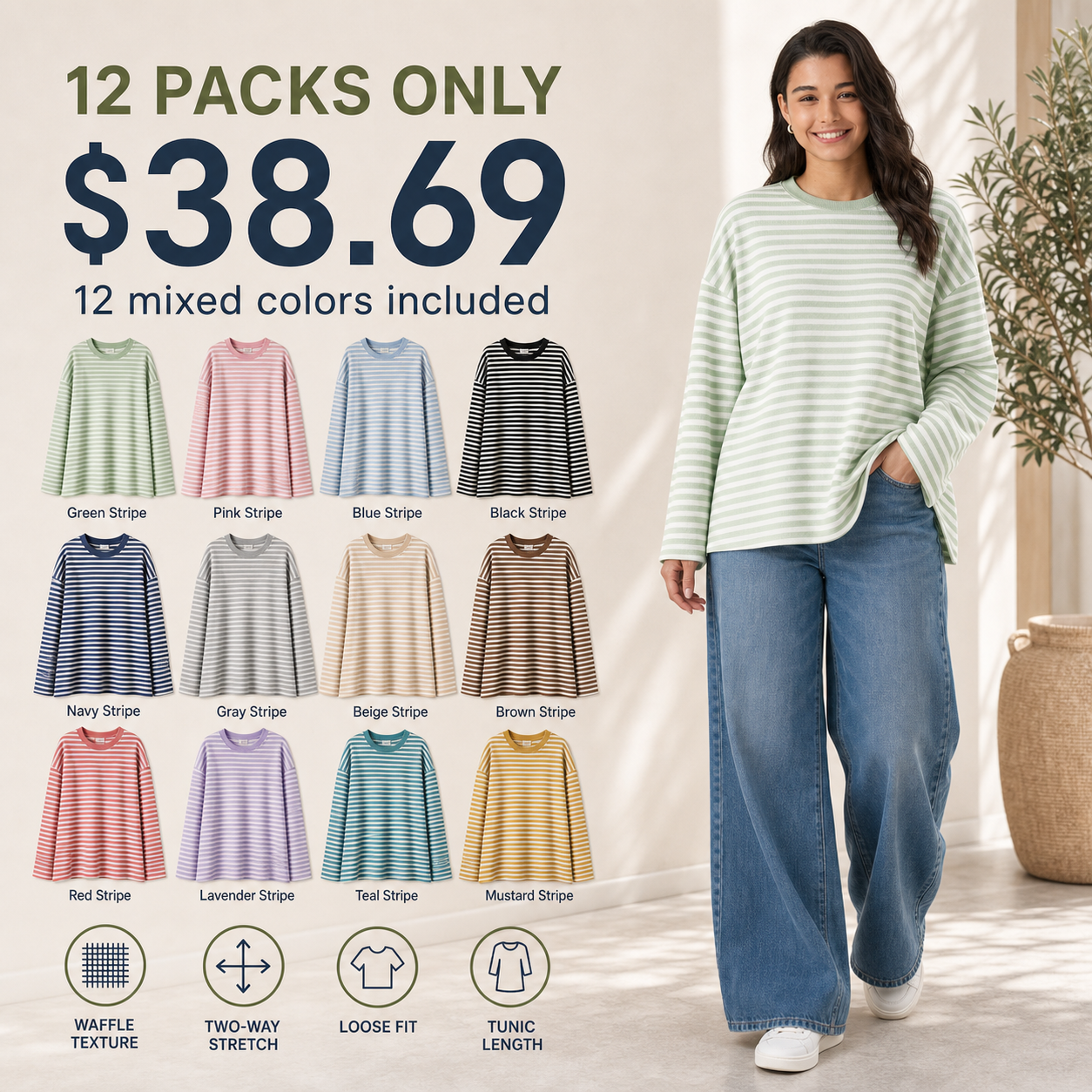 Women's Round Neck Stripe Waffle Casual Top 8/10/12 Pack