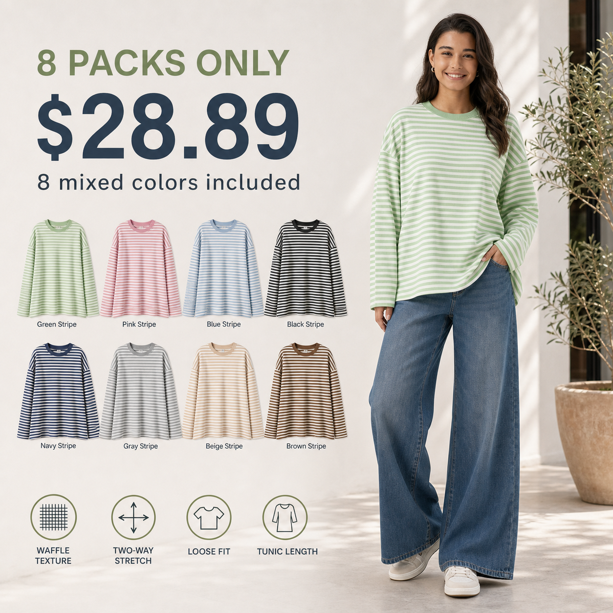 Women's Round Neck Stripe Waffle Casual Top 8/10/12 Pack