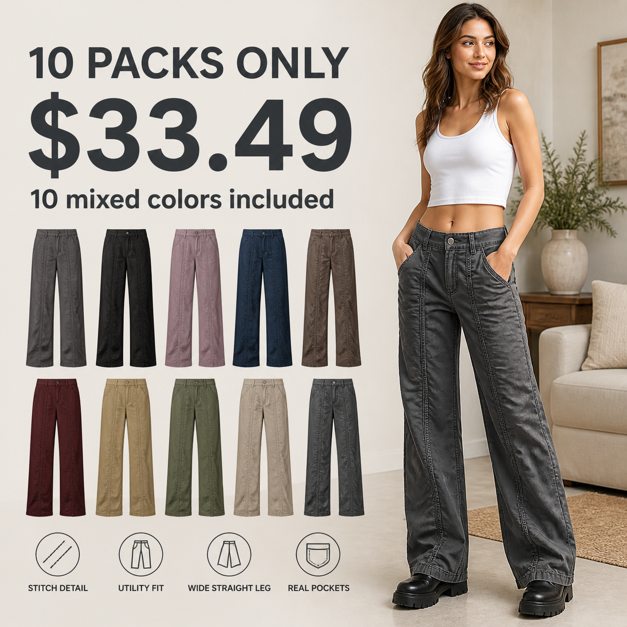 Women's Solid Stitch Detail Mid Rise Straight Leg Utility Pants 8/10/12 Pack
