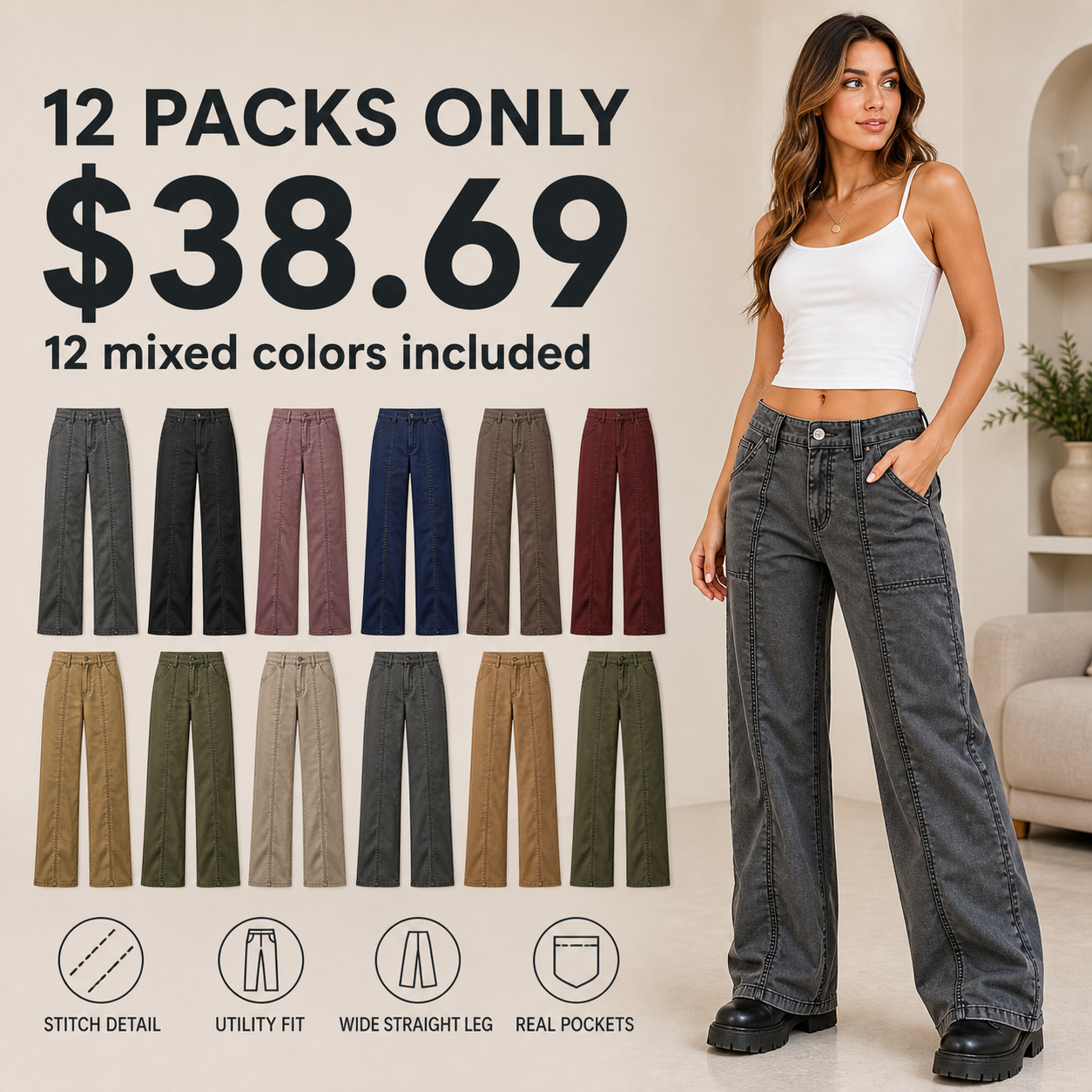 Women's Solid Stitch Detail Mid Rise Straight Leg Utility Pants 8/10/12 Pack