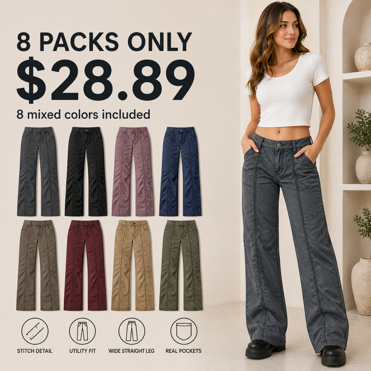 Women's Solid Stitch Detail Mid Rise Straight Leg Utility Pants 8/10/12 Pack