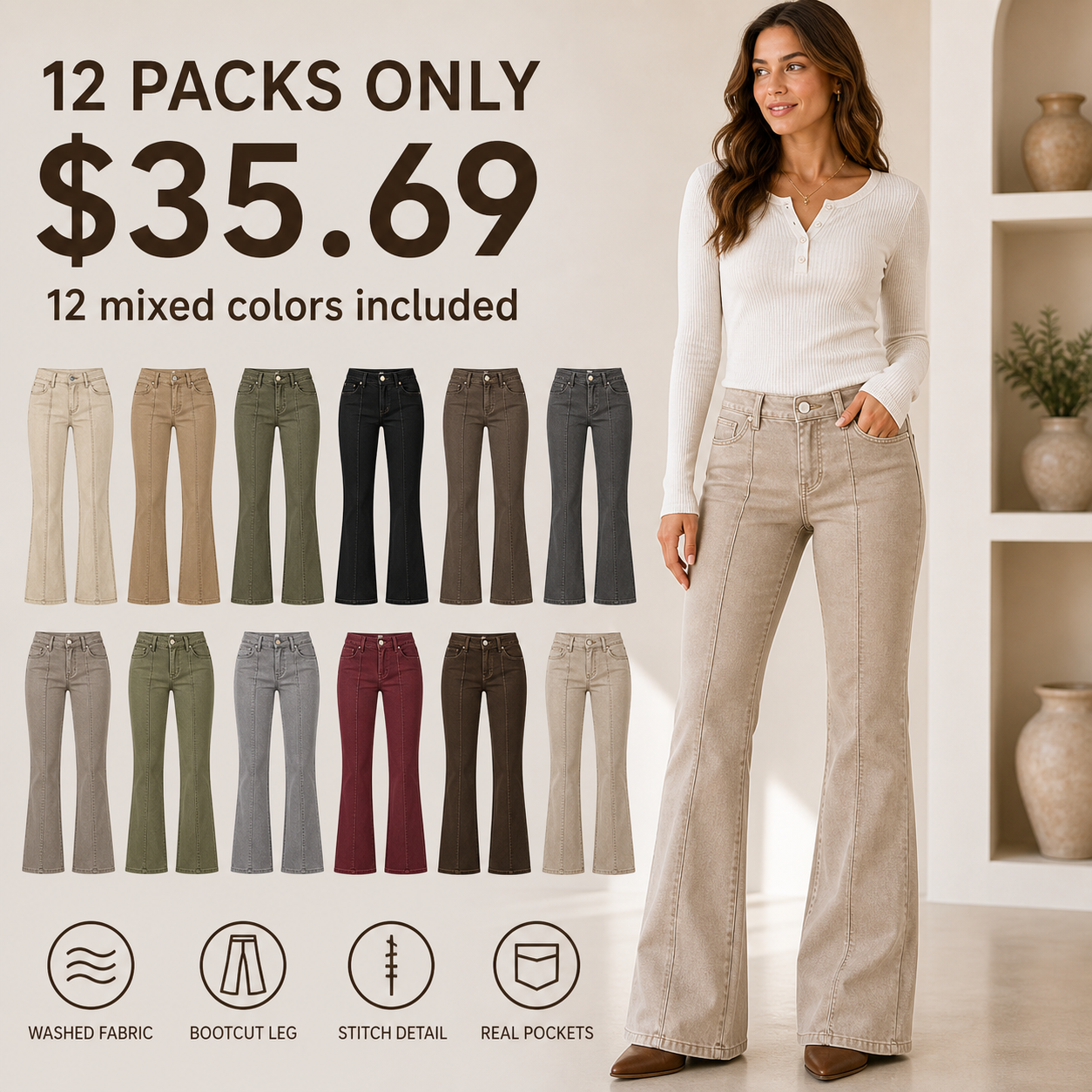 Women's Stitch Detail Mid Waist Bootcut Pants Without Belt 8/10/12 Pack