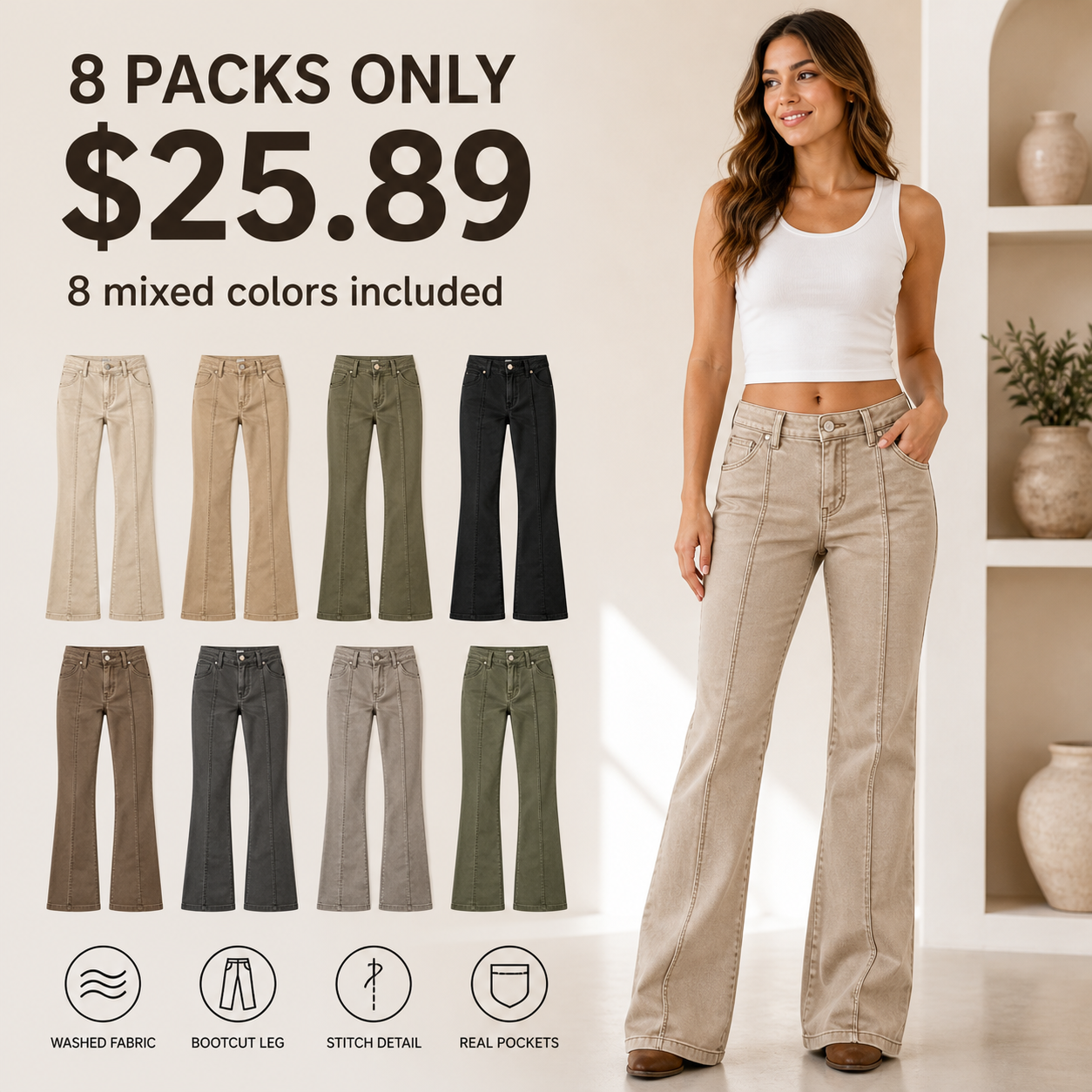 Women's Stitch Detail Mid Waist Bootcut Pants Without Belt 8/10/12 Pack