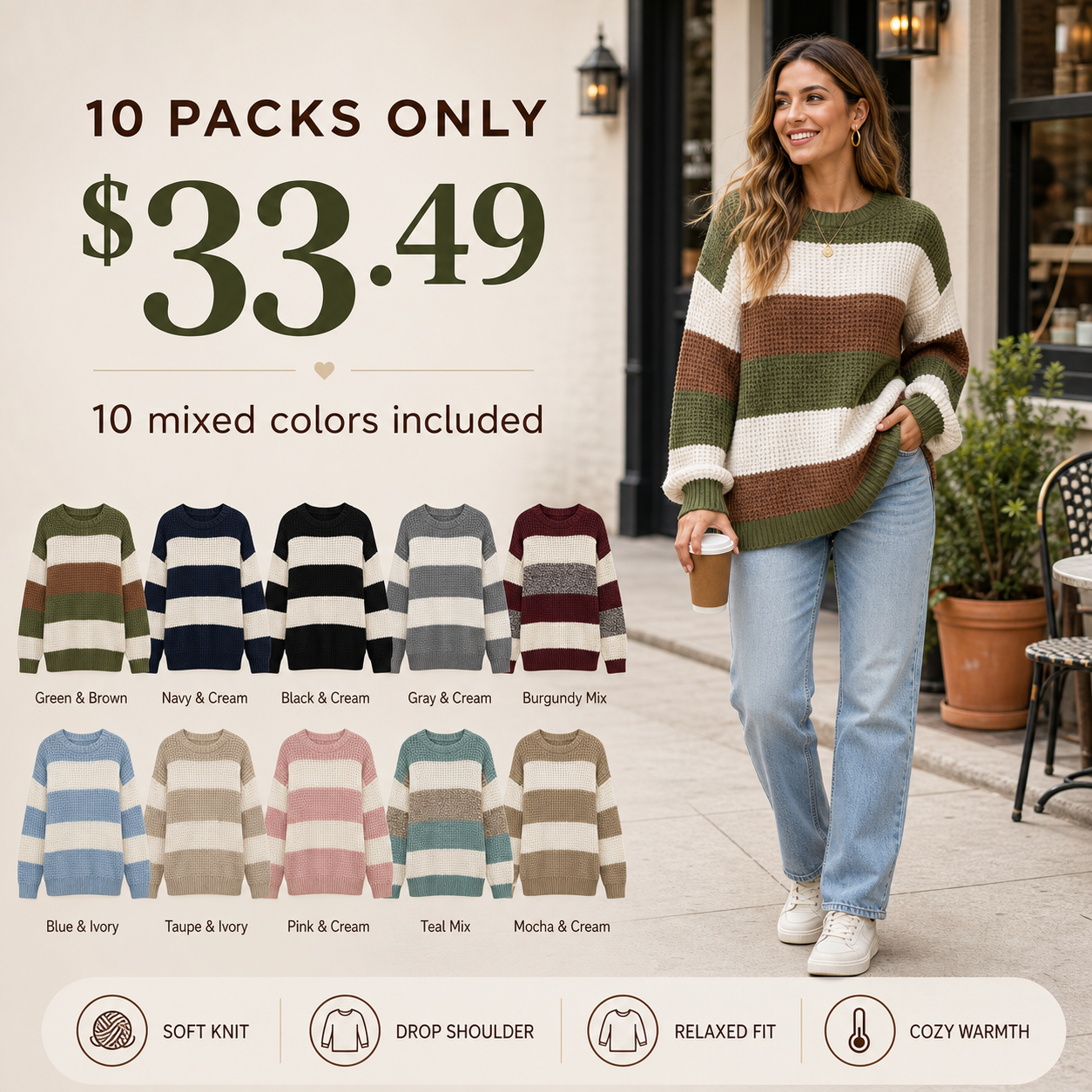 Women's Striped Drop Shoulder Pullover Sweater 8/10/12 Pack