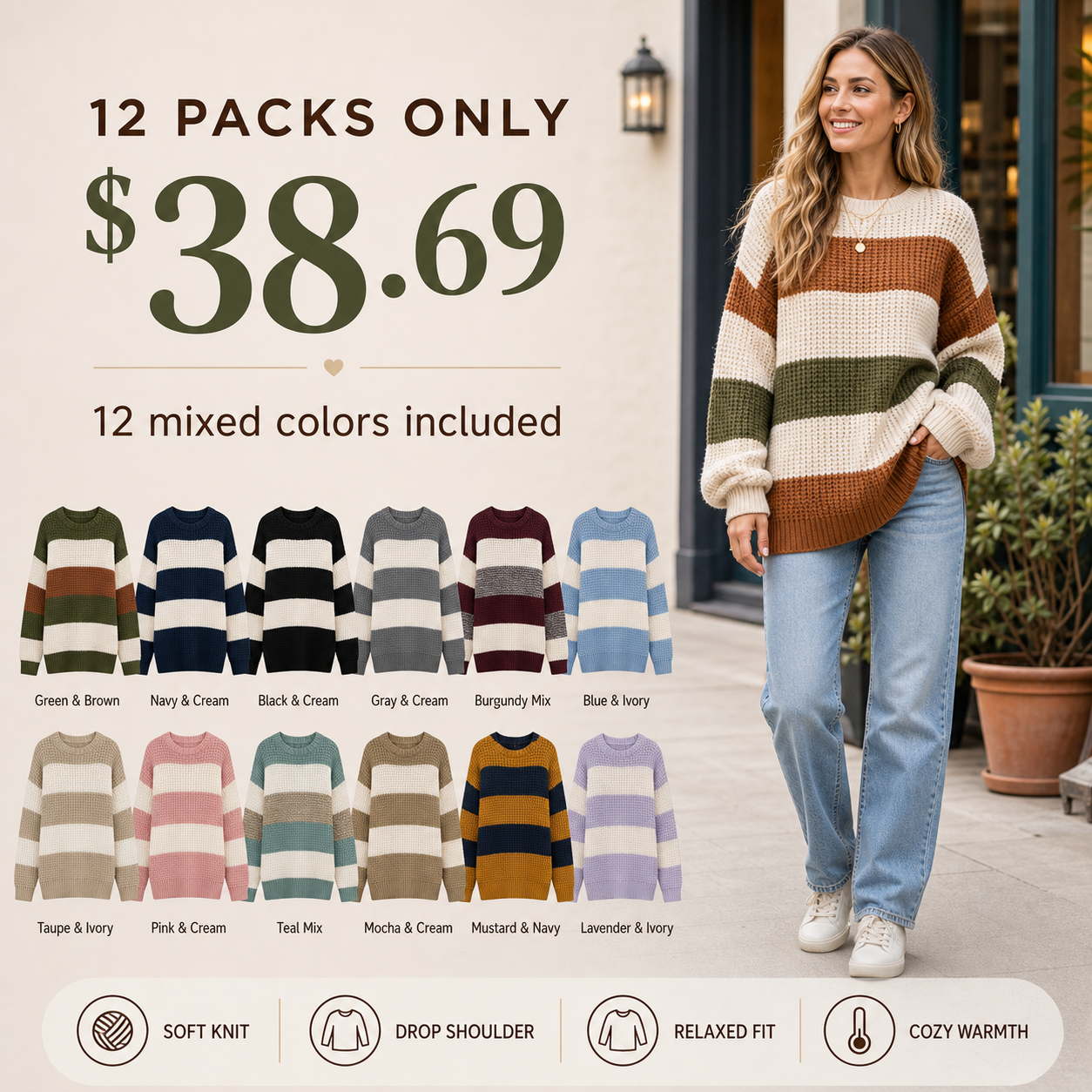Women's Striped Drop Shoulder Pullover Sweater 8/10/12 Pack