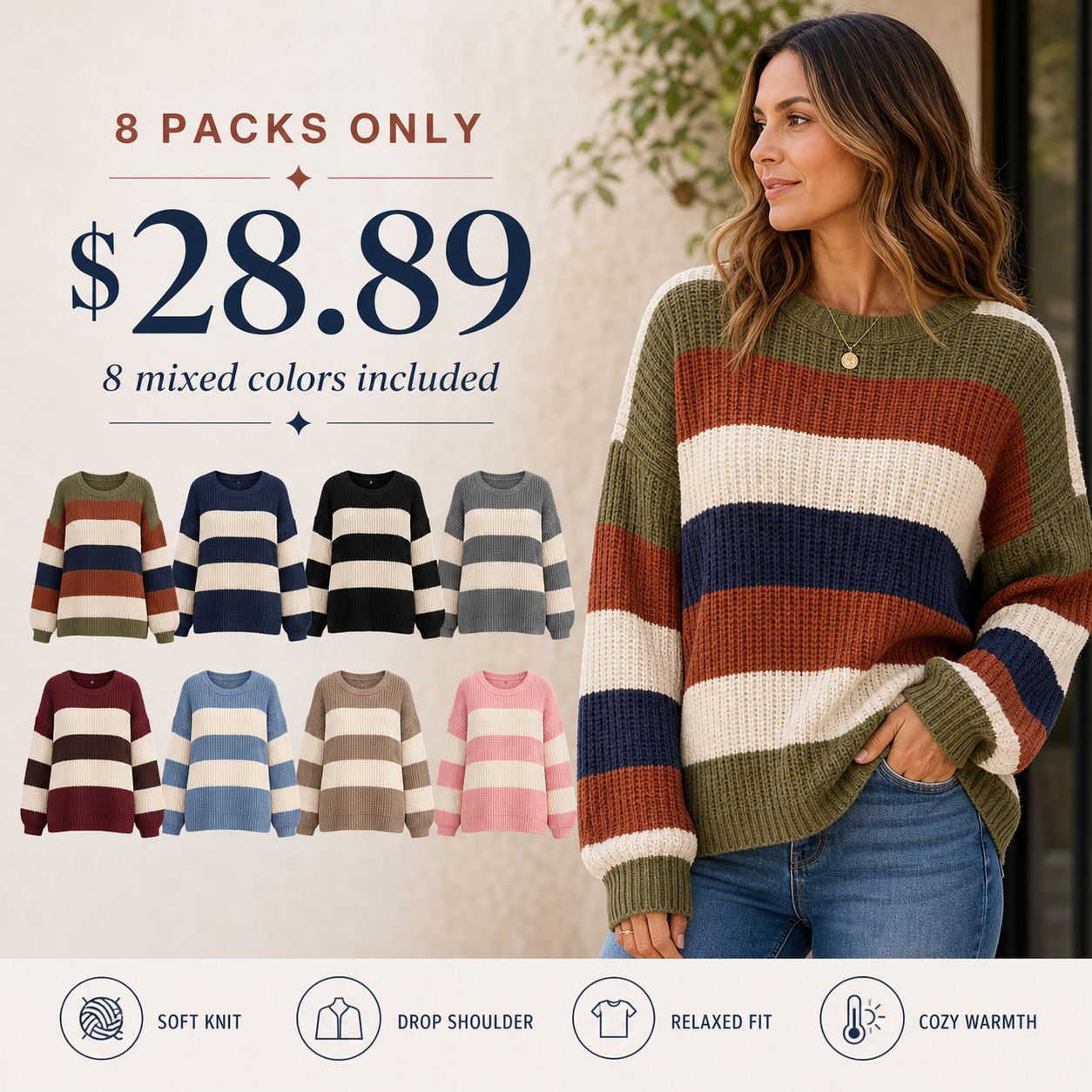 Women's Striped Drop Shoulder Pullover Sweater 8/10/12 Pack