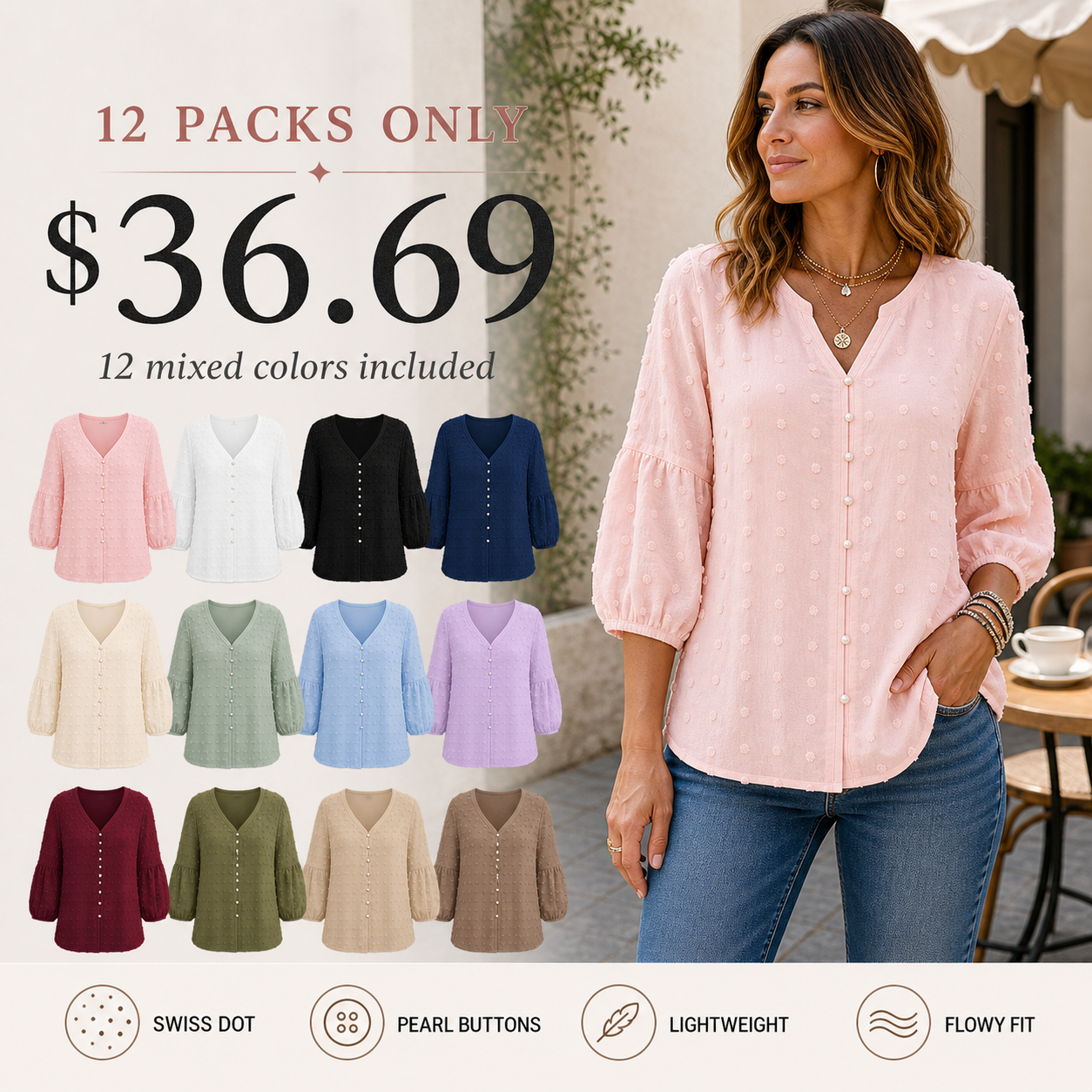 Women's Solid Swiss Dot Pearl Button Up V Neck Blouse 8/10/12 Pack