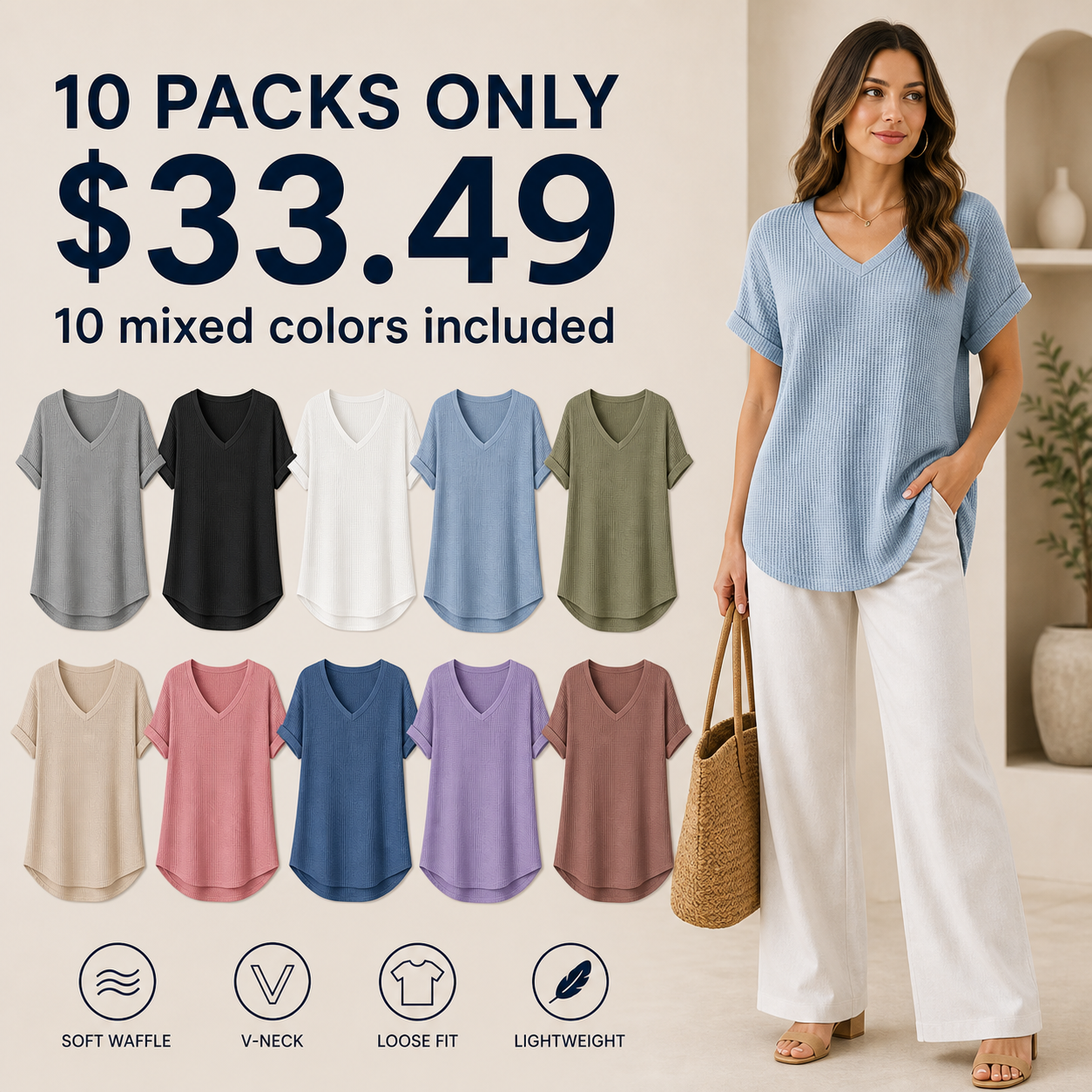 Women's Waffle Knit V-Neck Loose Fit Tunic Top 8/10/12 Pack