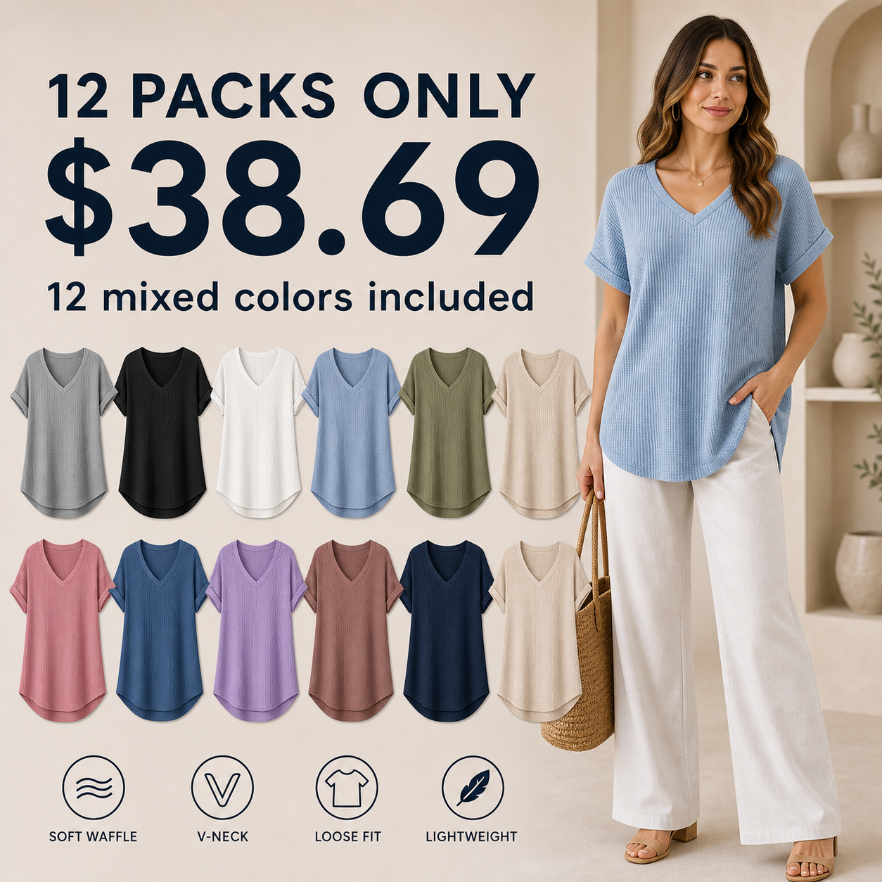 Women's Waffle Knit V-Neck Loose Fit Tunic Top 8/10/12 Pack