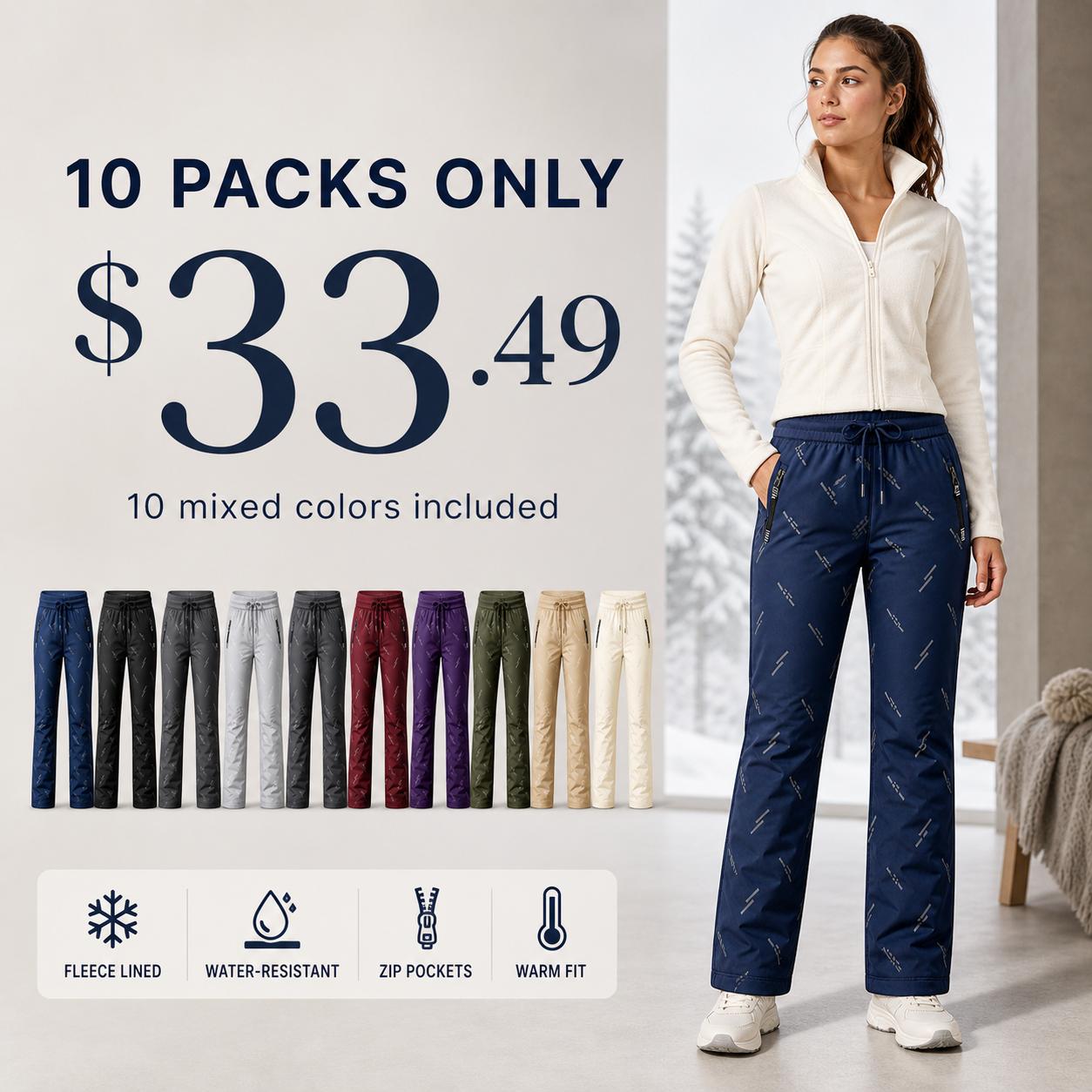 Women's Winter Fleece-Lined Warm Athletic Pants with Zippered Pockets 8/10/12 Pack