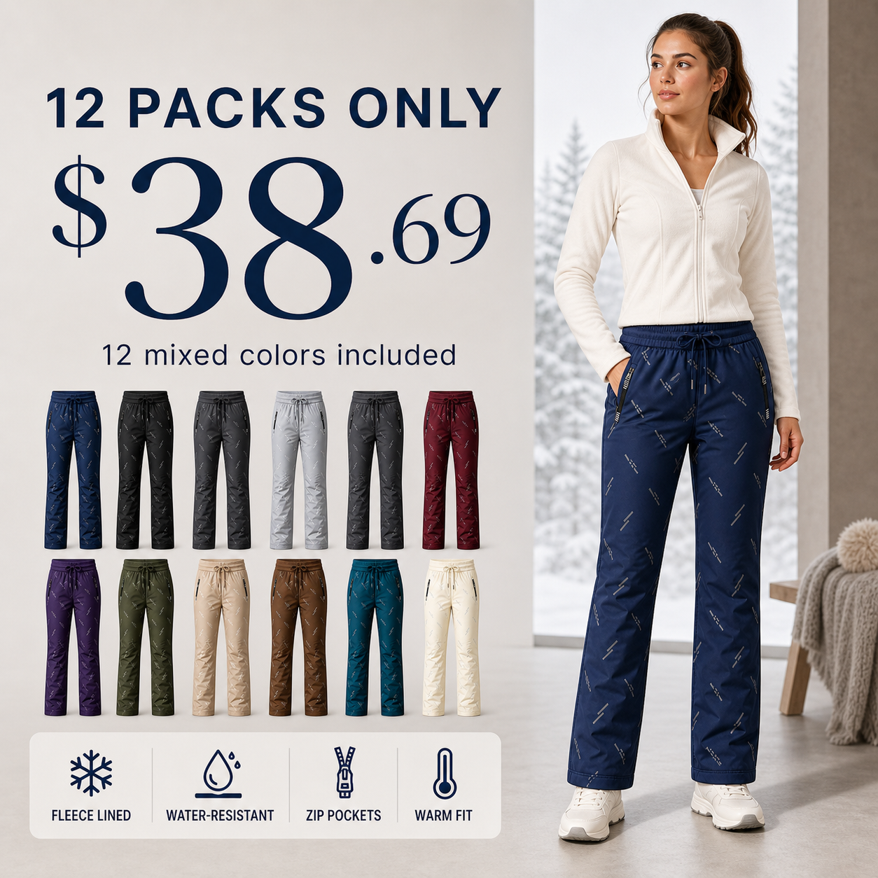 Women's Winter Fleece-Lined Warm Athletic Pants with Zippered Pockets 8/10/12 Pack